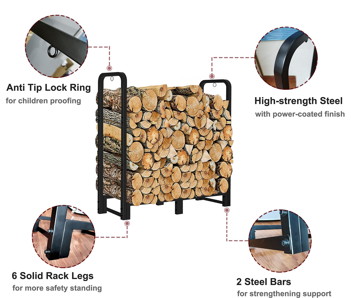 Artibear 3FT Firewood Rack Stand Heavy Duty Logs Holder for Outdoor Indoor Fireplace Metal Wood Pile Storage Stacker Organzier, Matte Black