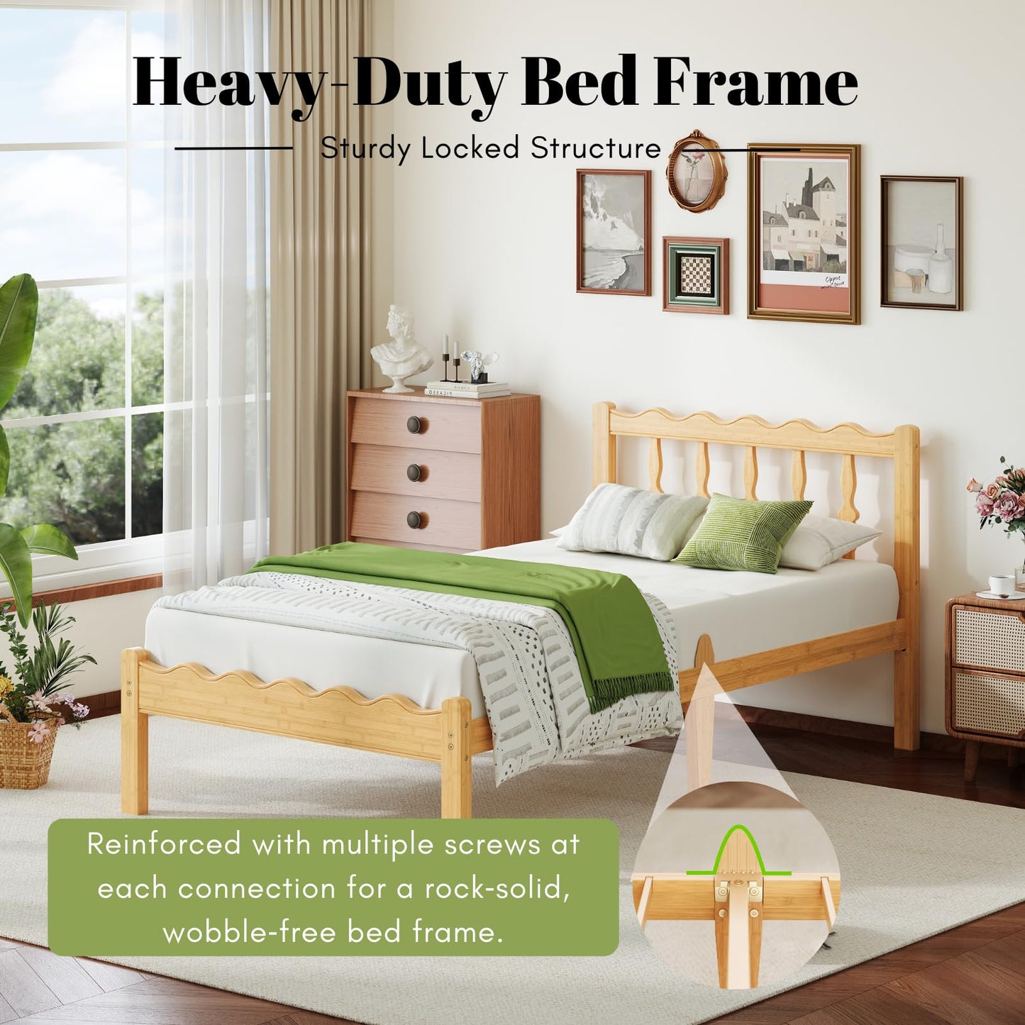 Bednowitz Bamboo Twin XL Bed Frame with Headboard, 14 inch Solid Wood Platform Bed Frames Twin XL Size with Metal Slats, No Box Spring Needed, Easy Assembly, Noise Free