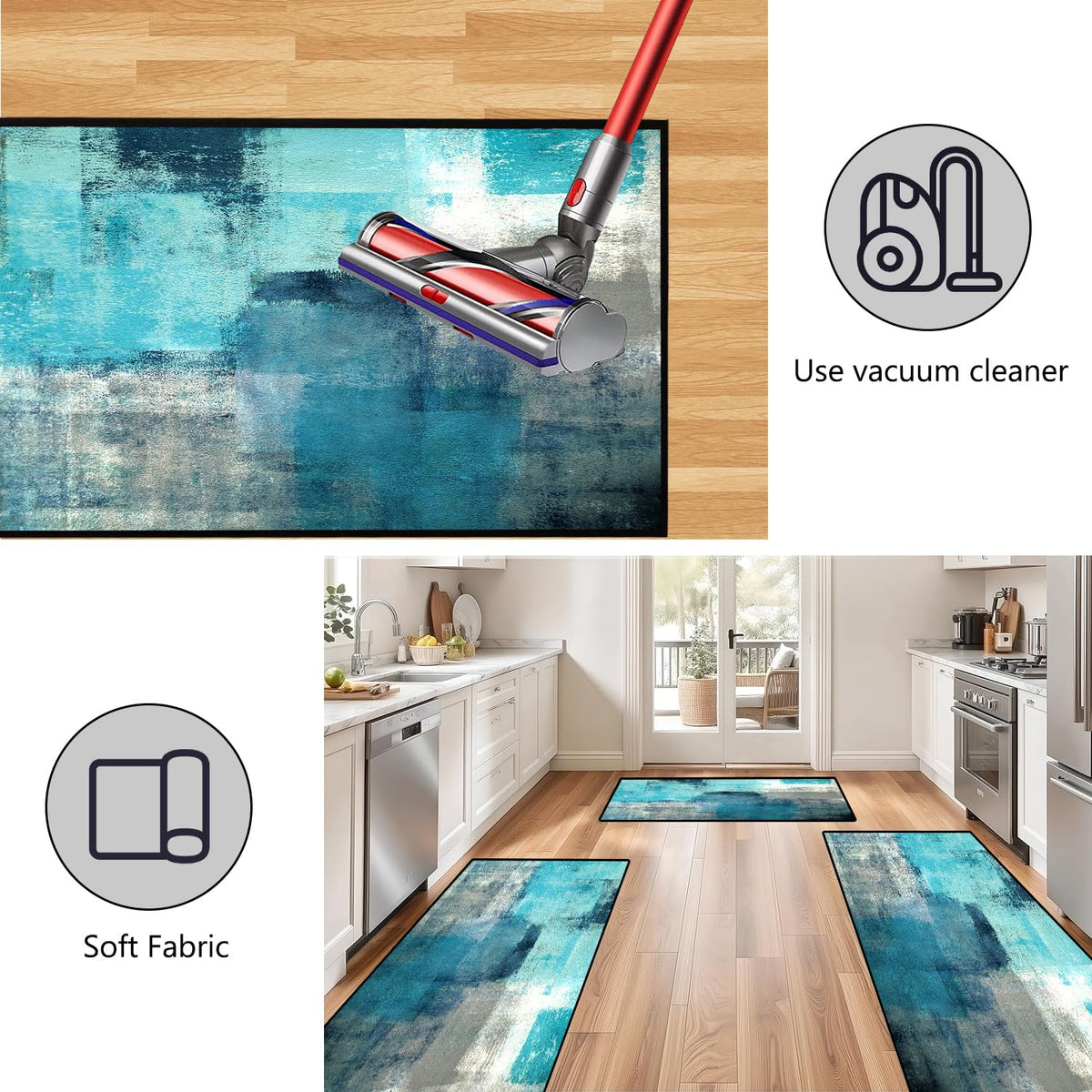 TOMWISH Teal Grey Abstract Art Kitchen Mat Turquoise Kitchen Rugs Sets 3PCS