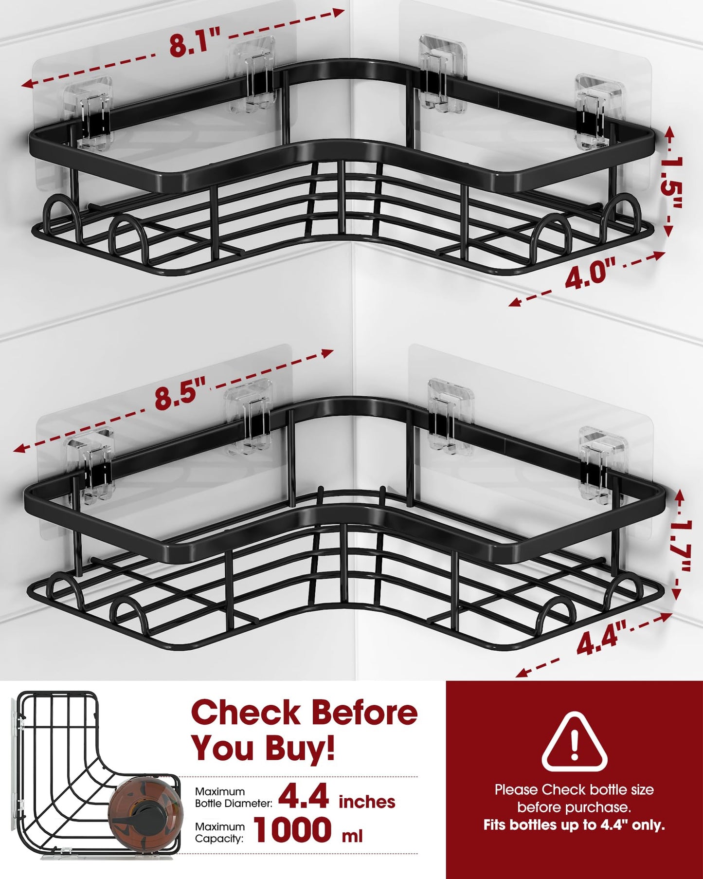 Sakugi Corner Shower Caddy - 2 Pack, Adhesive Shower Organizers, Rustproof Stainless Steel Shower Shelves with 8 Hooks, No Drilling Bathroom Organizers and Storage Racks, Space-Saving, Black, Medium