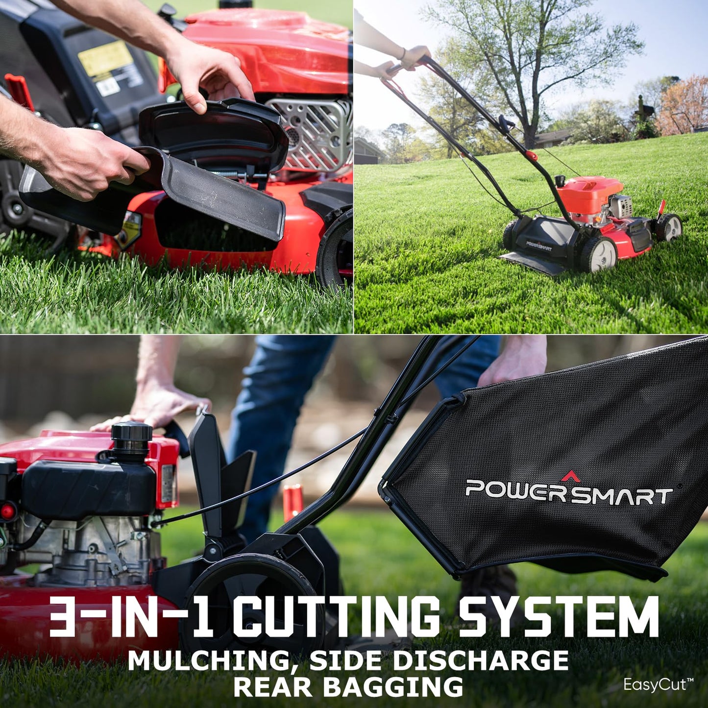 PowerSmart EasyCut 18-Inch Gas Lawn Mower, 144cc 4-Stroke OHV Engine, Push Walk-Behind, 3-in-1 Mulch/Bag/Side Discharge, Steel Deck, 6 Height Adjustment