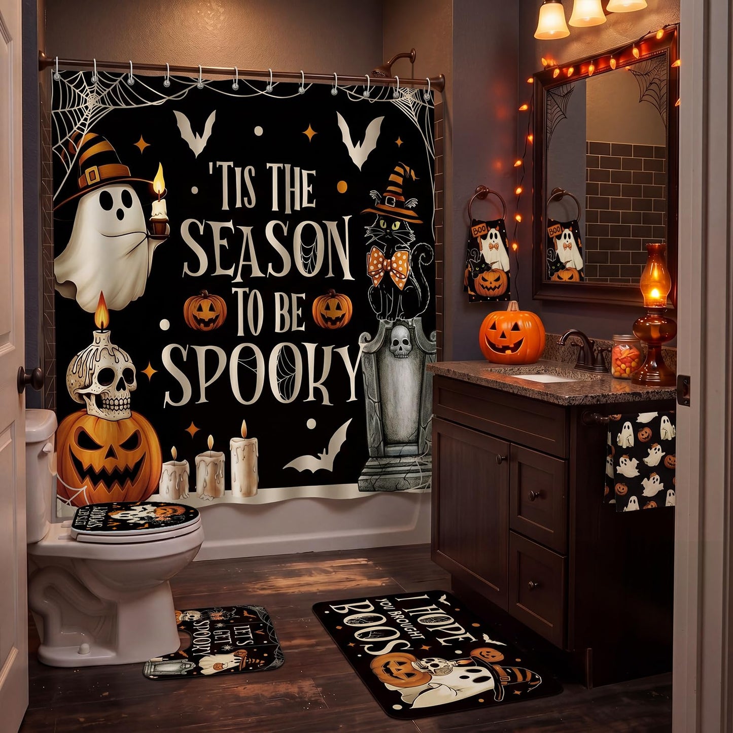 HunnmingRe 6 Pcs Halloween Bathroom Decor, Spooky Ghost Shower Curtain Sets