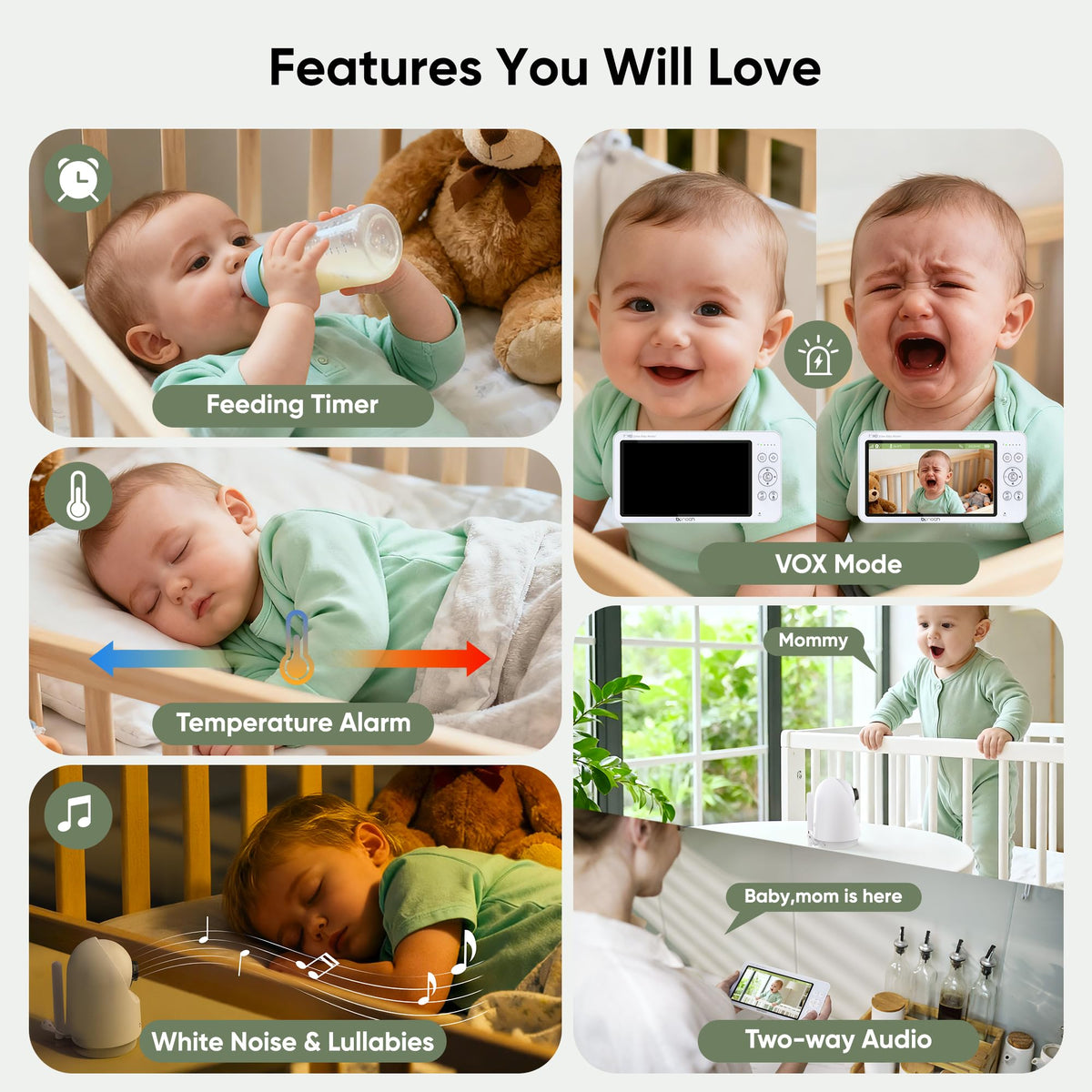 bonoch V2.0 1080P Baby Monitor with 2 Cameras, 7" Split Screen No WiFi