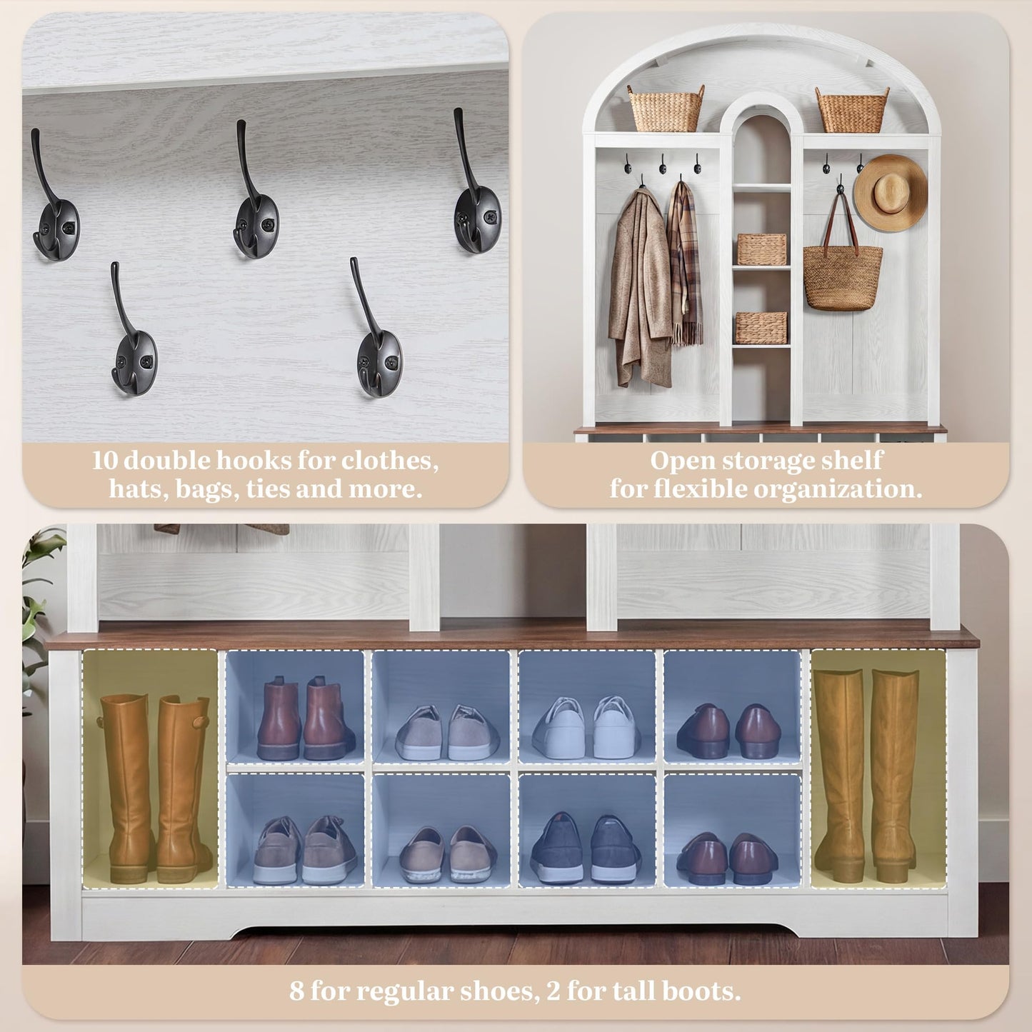 DWVO 59" W Hall Tree with Shoe Storage, Arched Entryway Bench with Coat Rack, 10 Shoe Cubbies Shelves & 10 Coat Hooks, Shoe Storage Bench for Entryway Hallway,White