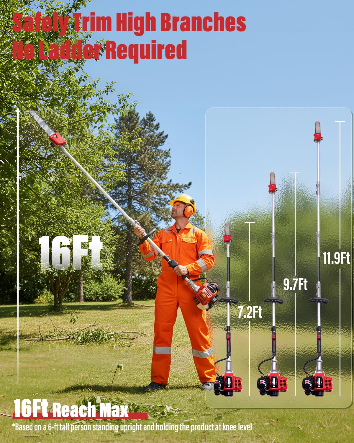 EIDOWA 48CC Gas Powered Pole Saw 16FT Reach, 3.5HP Gas Pole Saws for Tree Trimming with 11.8" Bar, Professional Gas Powered Chainsaw for Tall Trees, Safe Limb Pruner (Red)