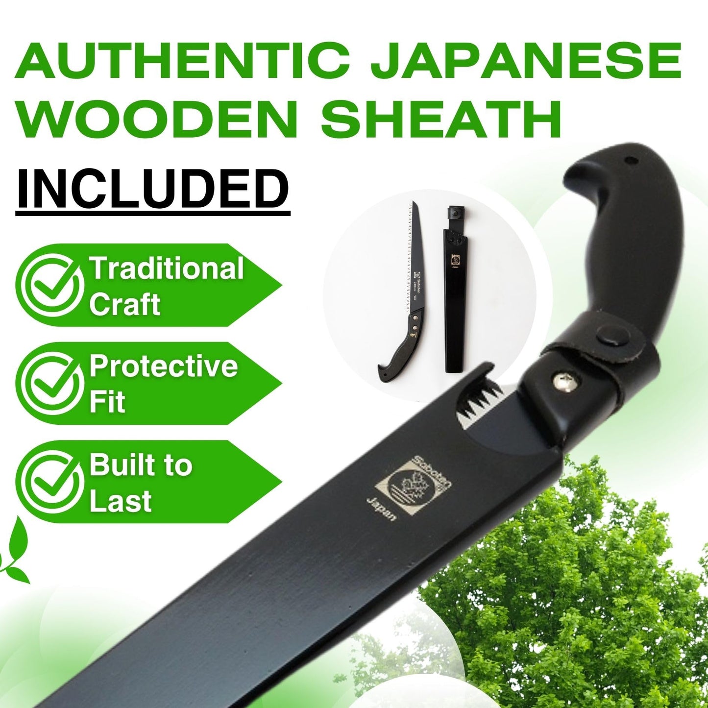 Saboten Japanese Pruning Saw 9.4 in (240mm) – Fluorine-Coated High-Carbon Steel Blade, 7.5mm Tooth Pitch, Smooth Pull Cuts, Wooden Handle, Wood Sheath Included, Made in Japan