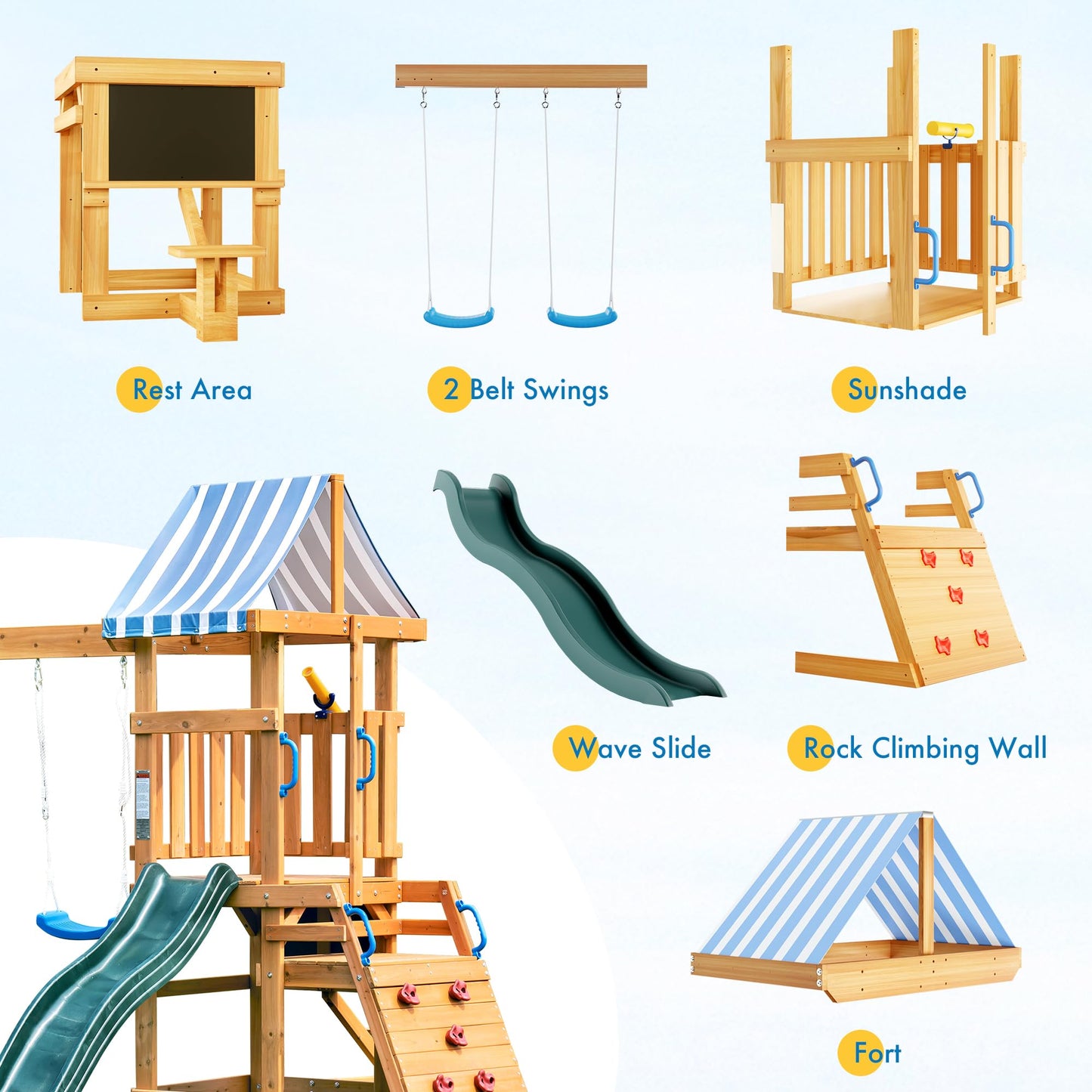 ROBOTIME Wooden Swing Set for Backyard, All-in-One Kids Outdoor Play Equipment with Swings, Slide, Climbing Rope Ladder, Outdoor Swing Playset for Kids Ages 3-10