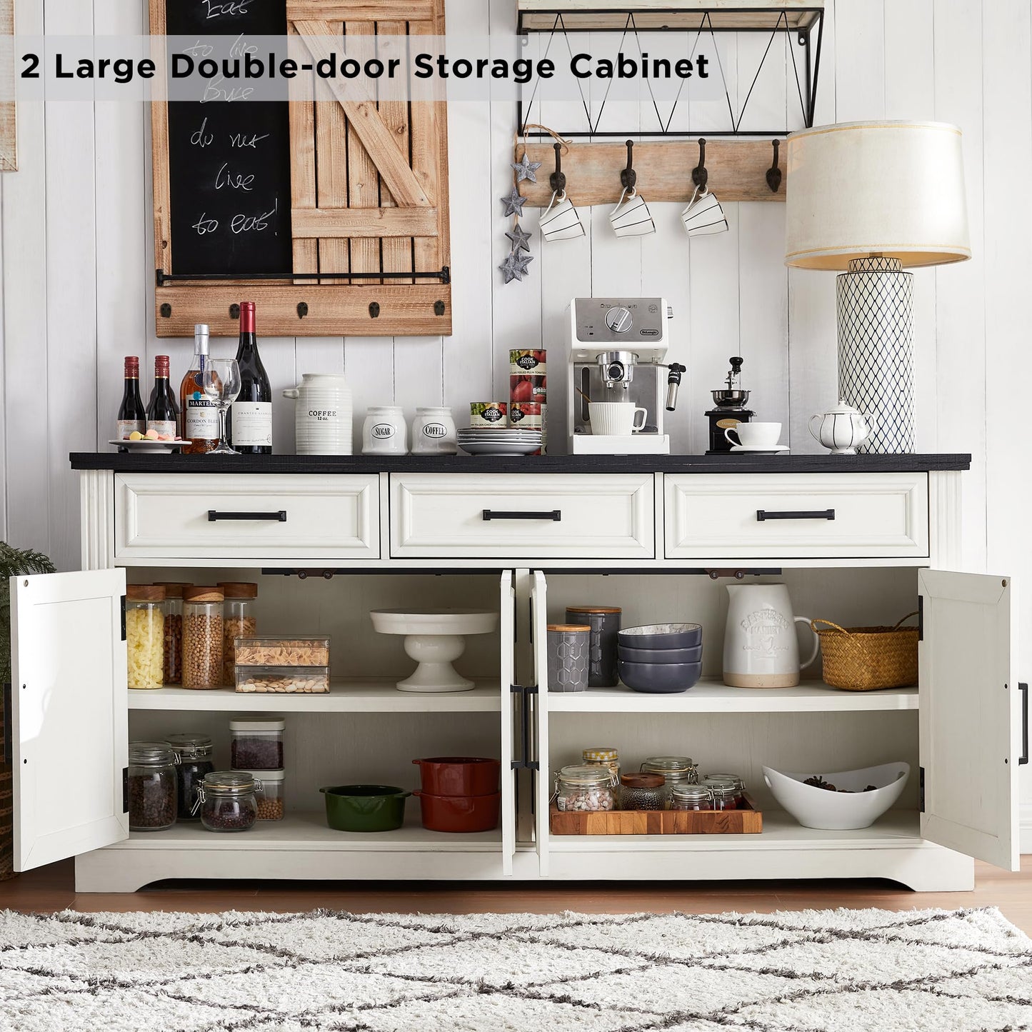JXQTLINGMU 66" Farmhouse Buffet Cabinet with Storage, Sideboard Credenza with 4 Door Cabinets, Adjustable Shelves & 3 Drawers, Coffee Bar Cabinet for Dining Room, Kitchen, Living Room, Off White