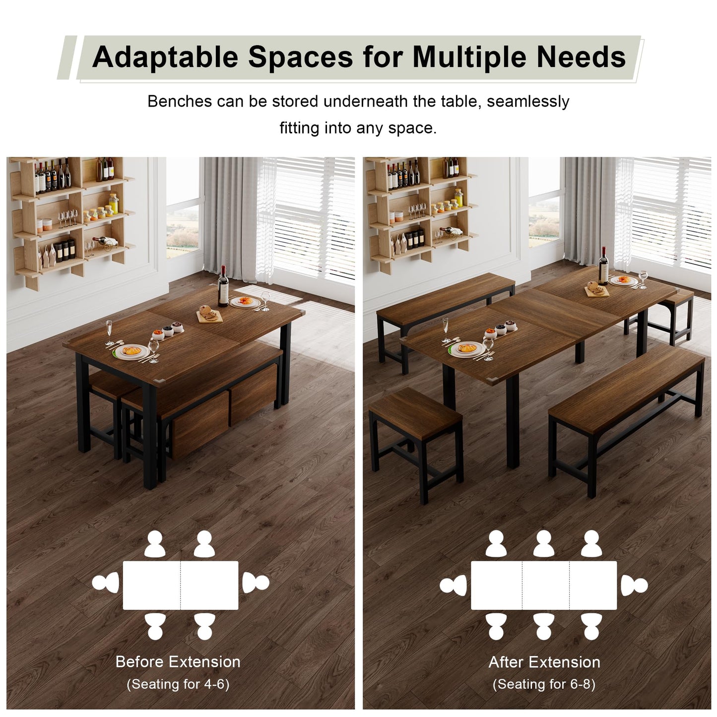 Feonase 5-Piece Dining Table Set for 4-8 People, 63" Extendable Kitchen Table with 2 Benches and 2 Square Stools, Mid-Century Modern Wooden Dining Room Table, Space-Saving, Walnut