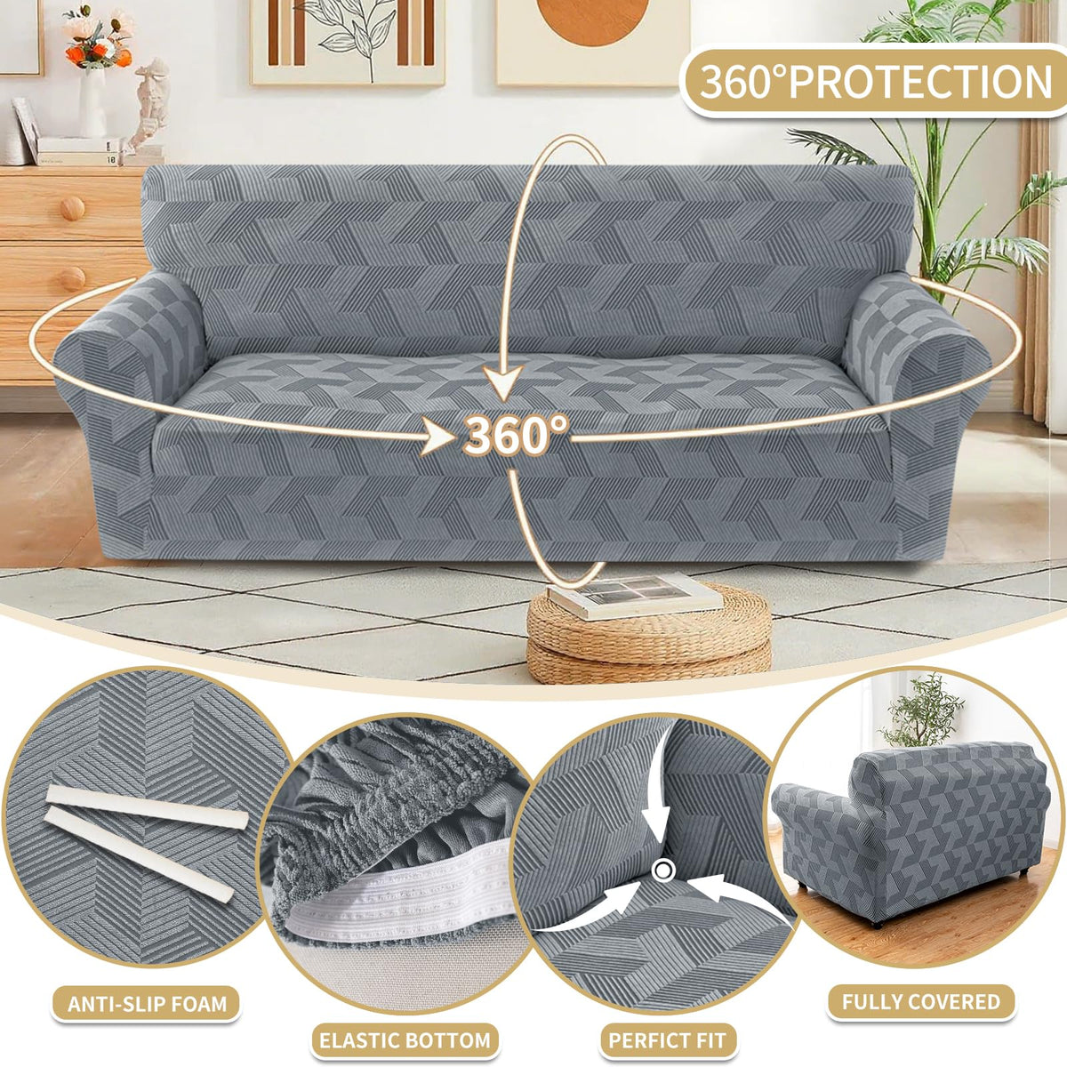 JIVINER 1 Piece Couch Cover for 3 Cushion Couch, High Stretch Sofa Covers with Elastic Bottom, Washable Sofa Slipcovers for Dog, Pets Feature Geometrical Jacquard Fabric (Sofa, Light Grey)