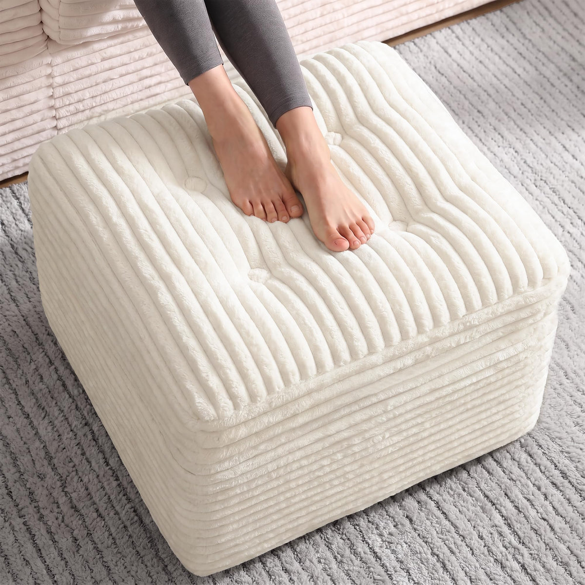 Fabulcozy 23.6in Pouf Ottoman, Corduroy Footstool Foot Rest Seating, Beige
