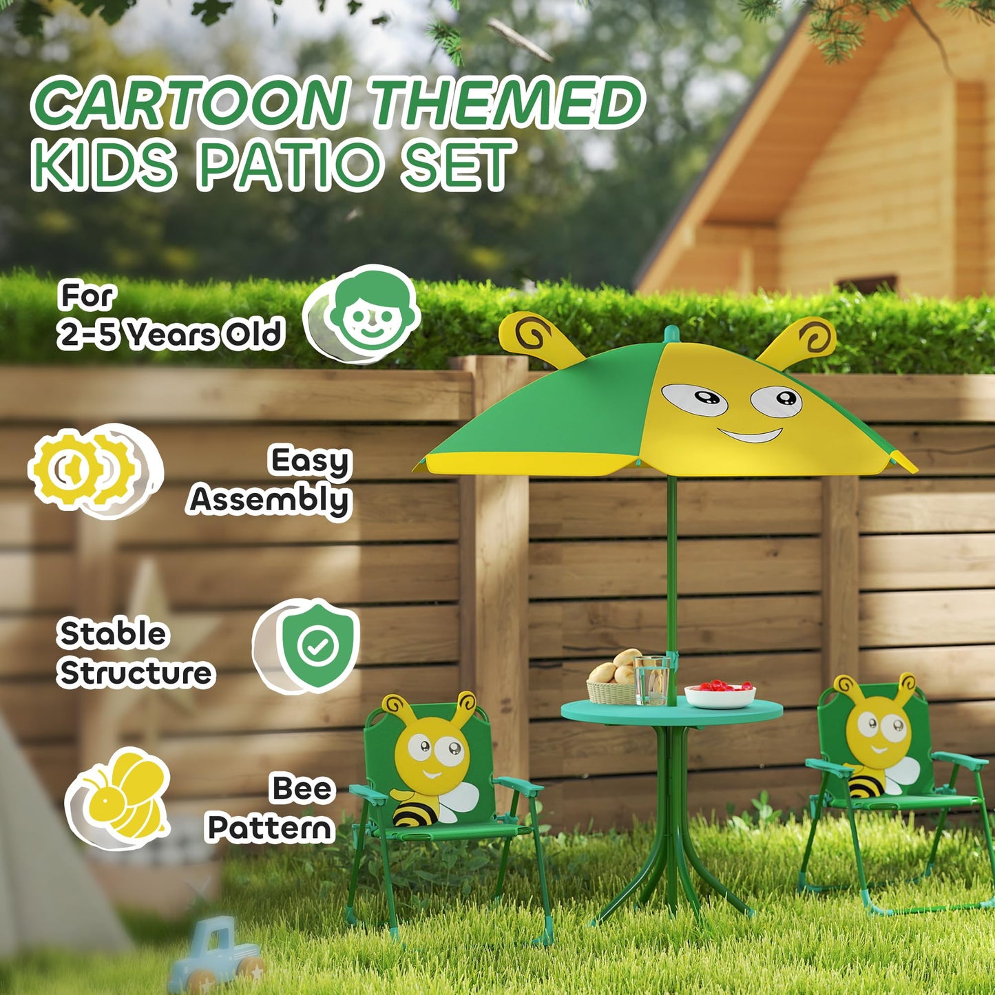 Qaba Kids Picnic Table and Chair Set, Outdoor Activity Table with Foldable Chairs, Removable Umbrella, Bee Pattern Toddler Patio Furniture for Backyard, Garden, Green