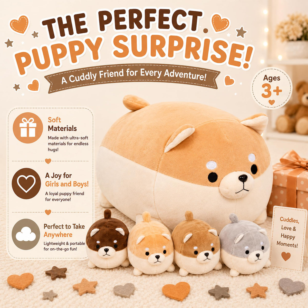 PixieCrush Stuffed Dog Toy - Cute Plushies Shiba Inu Mommy with 4 Puppies - Adorable Plush Pillow for Imaginative Play - Puppy Surprise Soft Animal Toy Set for Girls - Stuffed Animals for Ages 3-8
