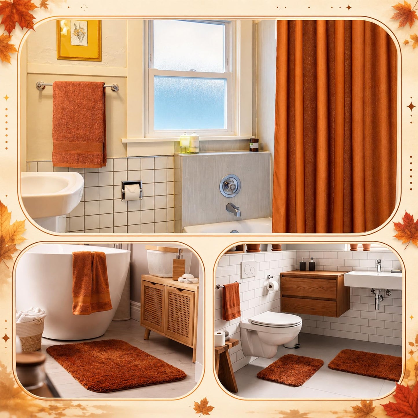 Frienda 5 Pcs Fall Bathroom Decor Rust Orange Fall Shower Curtain Set with Rugs and Hand Towels Autumn Bathroom Set with Hooks Non Slip Microfiber Bath Mats for Thanksgiving Home Apartment Dorm