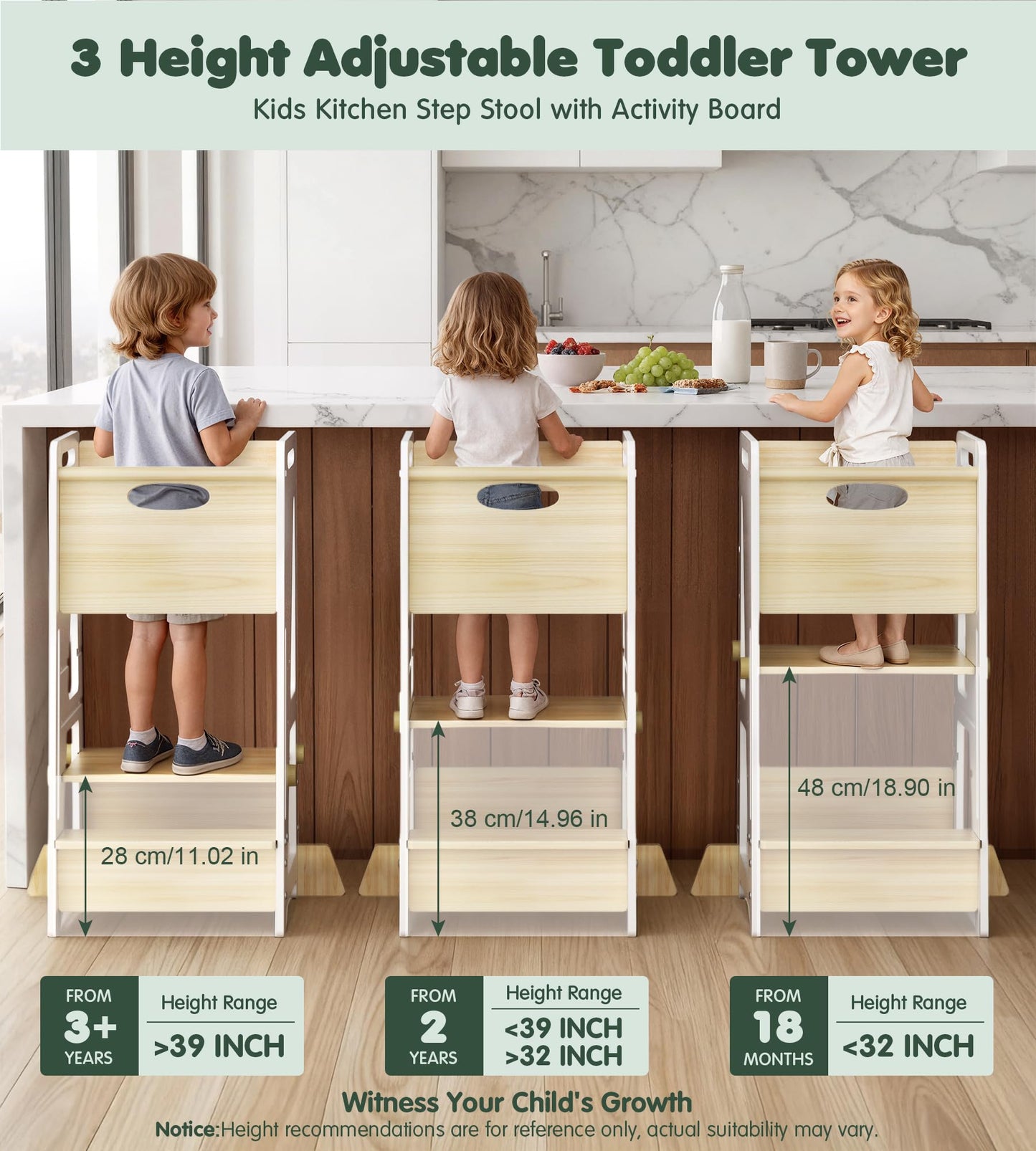 Toddler Standing Stool with Sliding Door for Safe Climbing, 3-Height Adjustable Kitchen Step Stool, Wooden Learning Tower for Kids, Non-Slip Feet