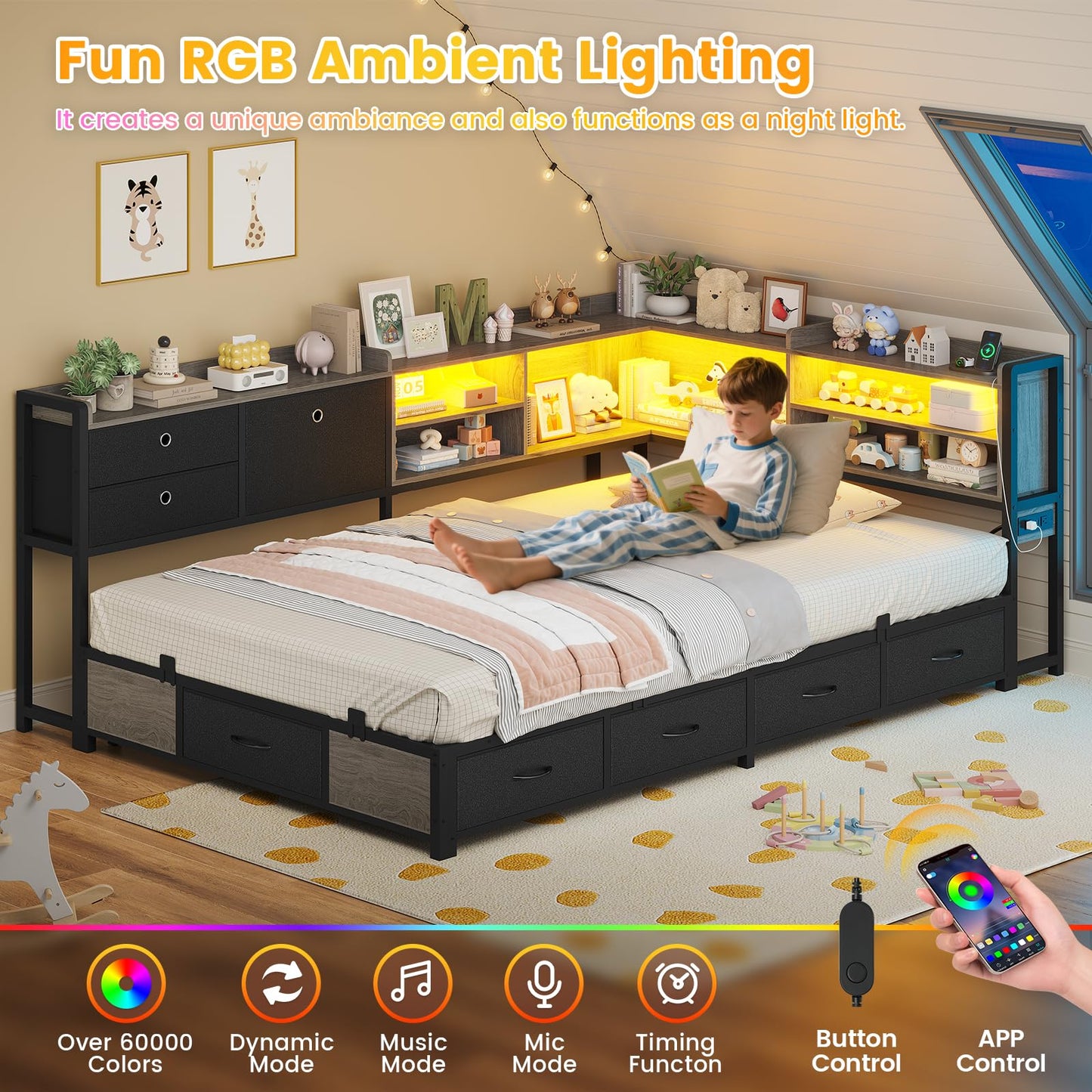 BTHFST Corner Bed Frame with Charging Station & Led Lights, Twin Bed Frame with 8 Storage Drawers & Bookcase, Twin Daybed with Storage Headboard for Kids Guests, Black & Gray