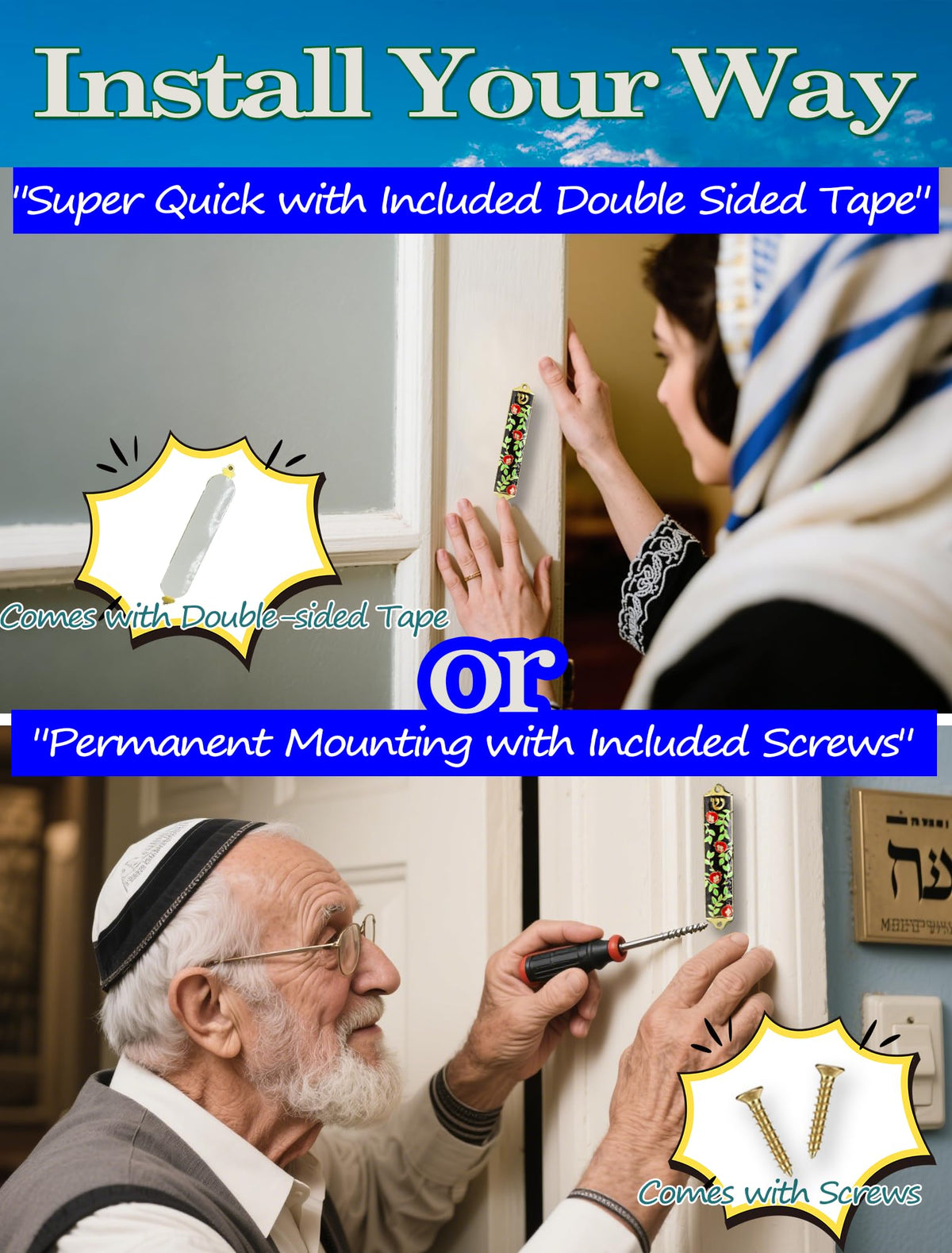 Zivosely Enamel Mezuzah with Scroll for Door, Easy 2-Way Install, 4”