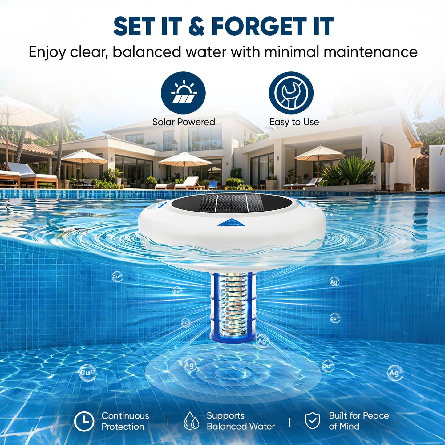 Upgraded Solar Pool Ionizer for Above Ground & Inground Pools, Floating Solar Powered Pool Water Cleaner for Pools Up to 45,000 Gallons, Copper Pool Ionizer with Easy Maintenance