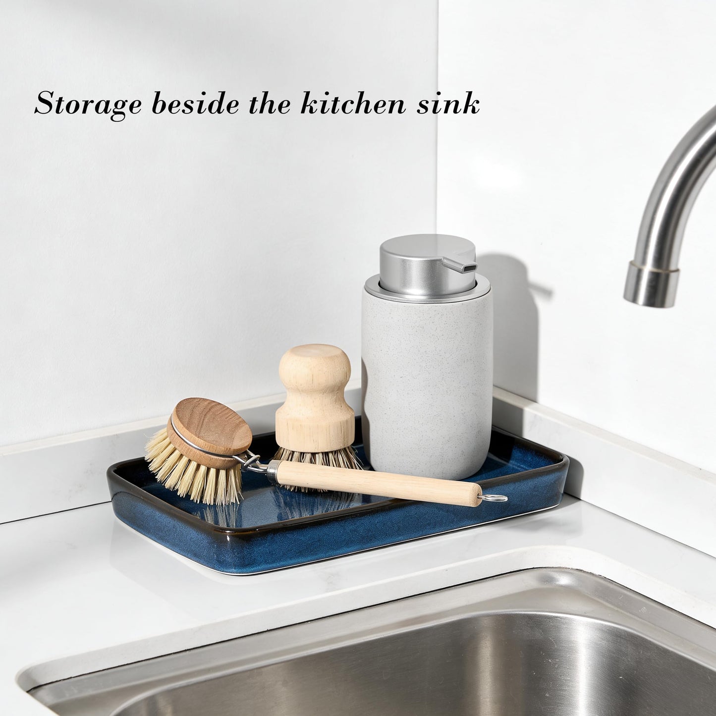 10"×6"×1" Bathroom Vanity Tray for Countertop- Ceramic Decorative Organizer Tray for Dresser Tops, Toilet, Perfume, Sponge Holder Soap Dish Dispenser for Kitchen Counter- Kiln-Transformed Blue