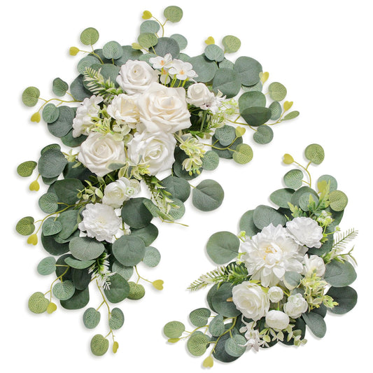 Odouzy Artificial Wedding Arch Flowers for Wedding Sign,Set of 2 for Welcome Ceremony Sign,Faux Floral Swags,Wedding, Banquet and Reception Backdrop Floral Decoration (White)