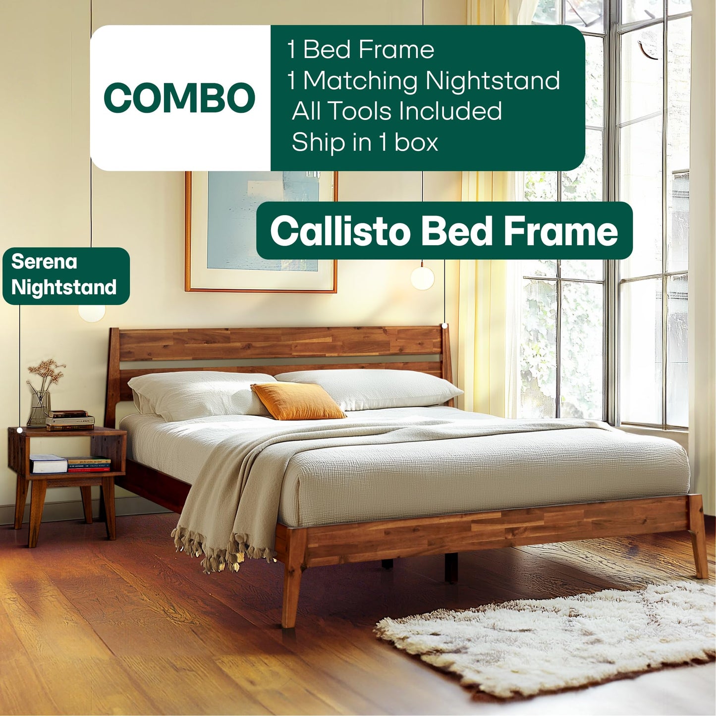 Acacia Callisto King Solid Wood Platform Bed Frame with Headboard – Gift Matching Nightstand Included, Mid-Century Modern, Walnut Finish, No Box Spring Needed, Sturdy, Easy Assembly