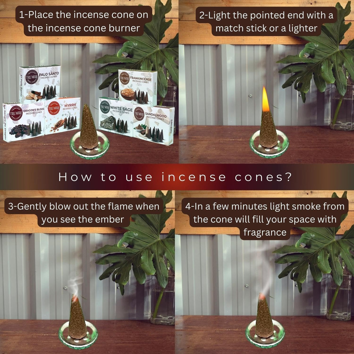 Trumiri Woody Incense Cones - Variety Pack - Total 60 Cone Incense (6 Scents x 10 Conos) - White Sage, Palo Santo, Dragons Blood, Sandalwood - Inscents-Cones Scented - Insense Cones - Incent Cone