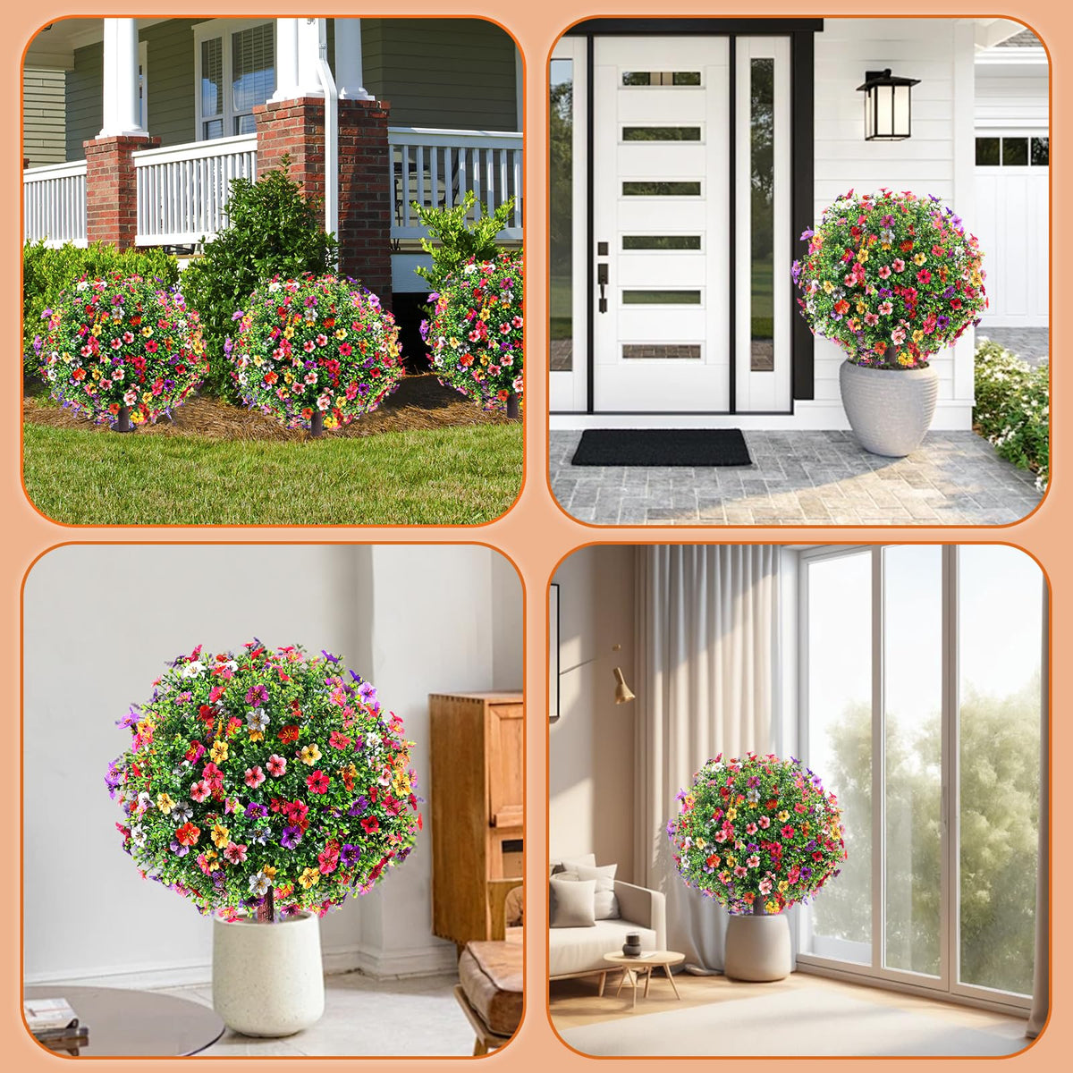 27.5" Artificial Flowers Boxwood Topiary Ball Tree Set of 2, UV Resistant Fake Bushes Shrubs with Ground Spike, Faux Evergreen Tree for Front Porch Outdoor Garden Decor