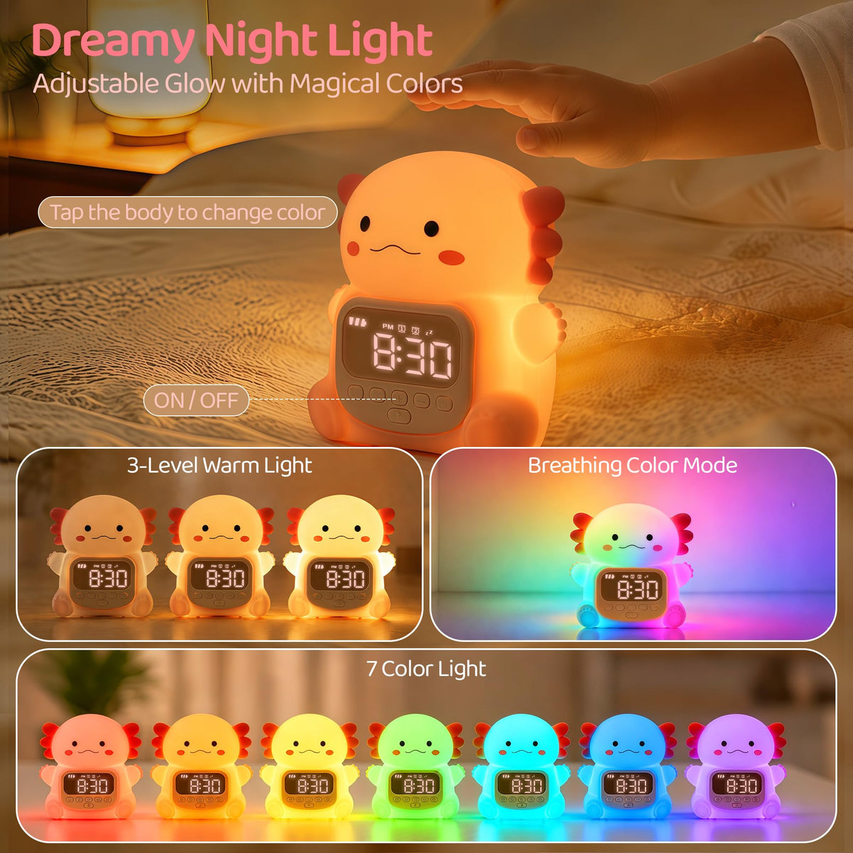 Axolotl Alarm Clock for Kids, Cute Night Light Toddler Alarm Clocks, Pink