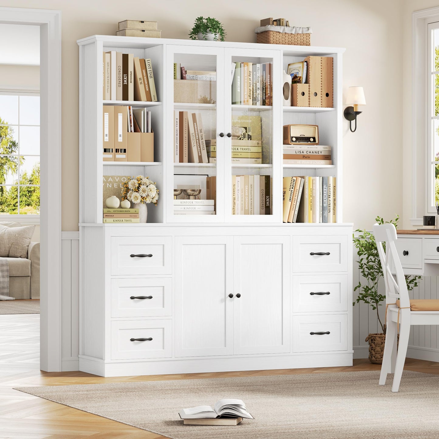 HIFIT 74.4''Hx63''W Large Pantry Cabinet for Food Storage, Kitchen Hutch Cabinet with Storage, Glass Doors Tall Wine Bar Cabinet, Large Bookcase with Drawers, White