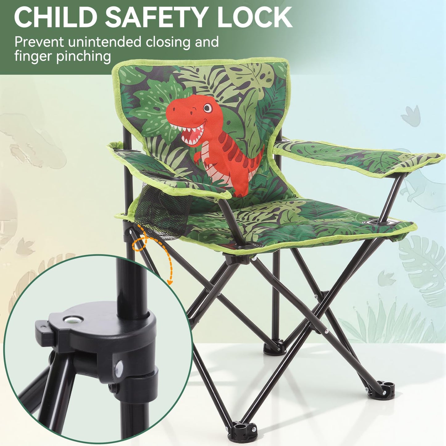 Huskfirm Padded Kids Camping Chair Folding Toddler Chair with Cup Holder & Safety Lock Portable Kids Beach Chair Ages 3-6 for Outdoor Camping Foldable Kids Chair Support 120lbs,Green Dinosaur