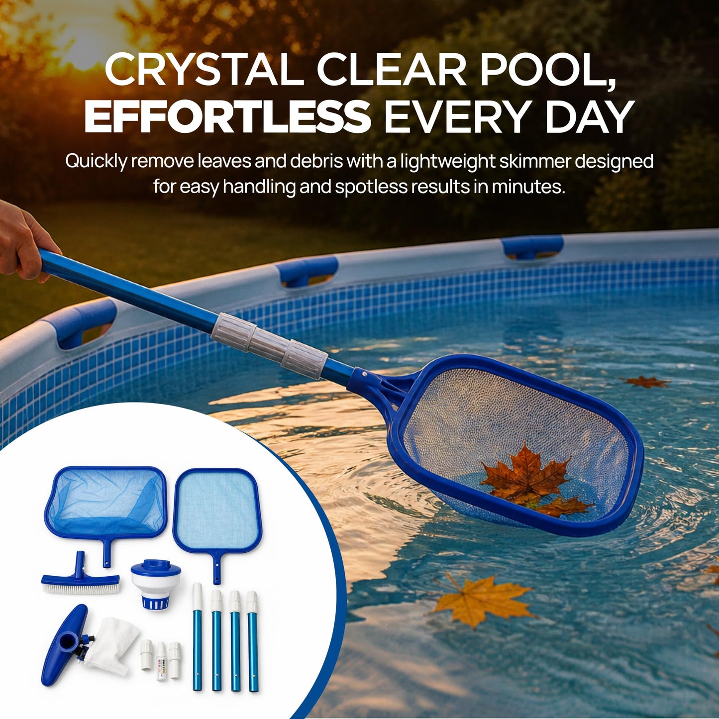 FibroPool Above Ground Pool Maintenance Kit – Telescoping Pole, Leaf Skimmer Net, Vacuum Head, Pool Brush, Floating Chlorinator & Test Strips – Easy Clean Kit for Inflatable & Soft-Sided Pools