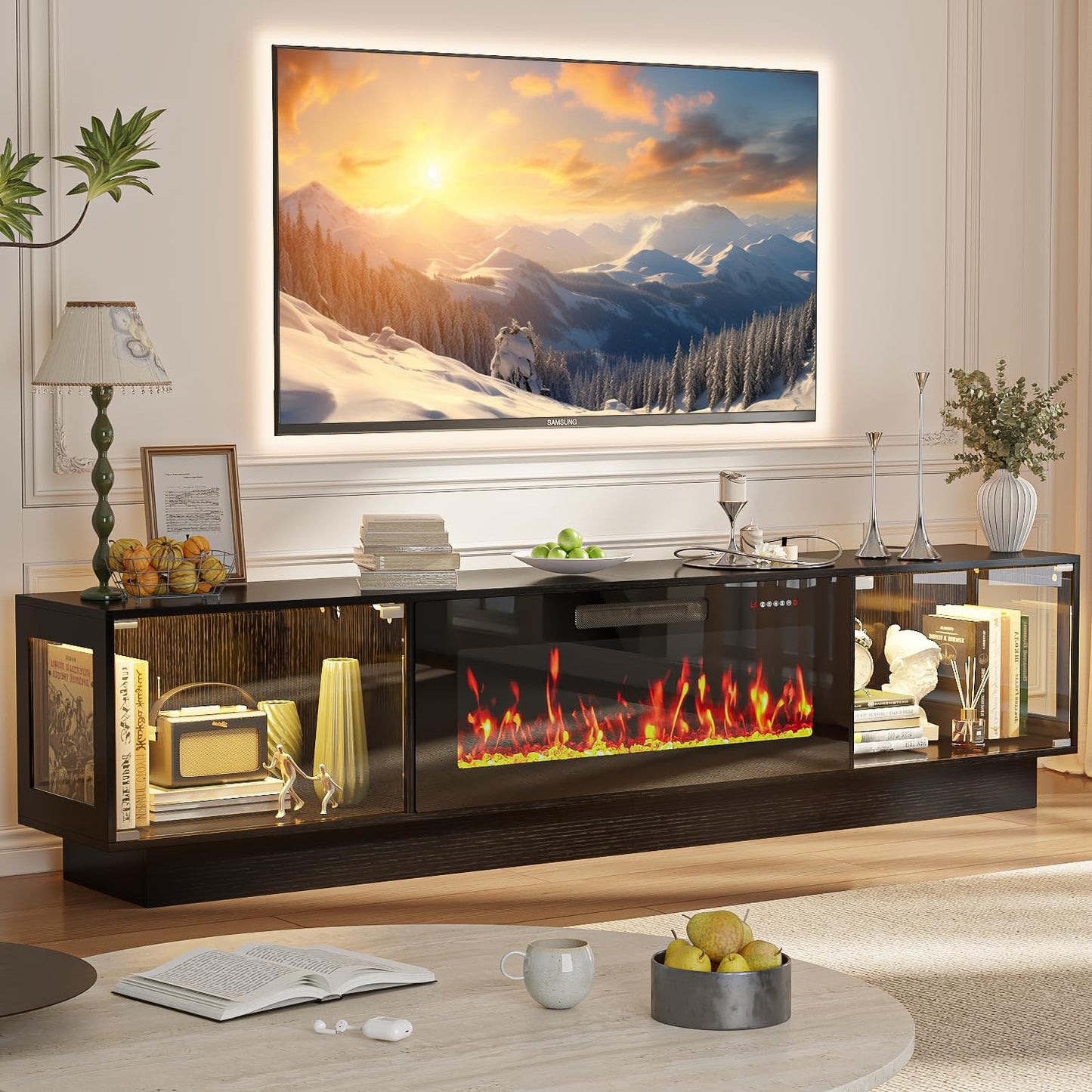 PRETZI 80 Inch Modern Fireplace TV Stand, Luxury TV Stand with 36" Fireplace for TVs Up to 90", Glossy Glass Doors Entertainment Center with Adjustable RGB LED Light for Living Room, Black