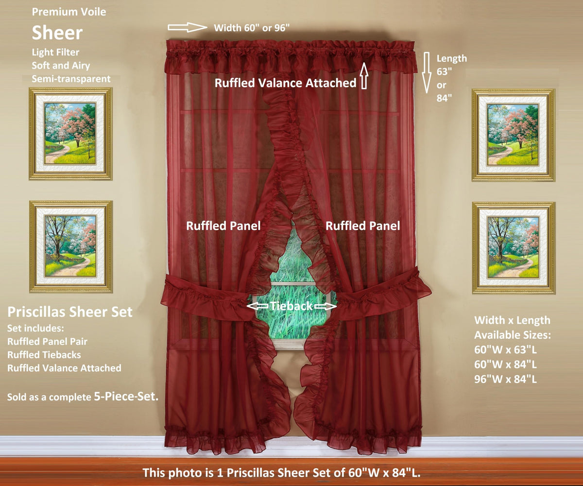 Today's Curtain, Emelia Priscilla Sheer Pair 60" W x 63" L, Burgundy, 5-Piece-Set