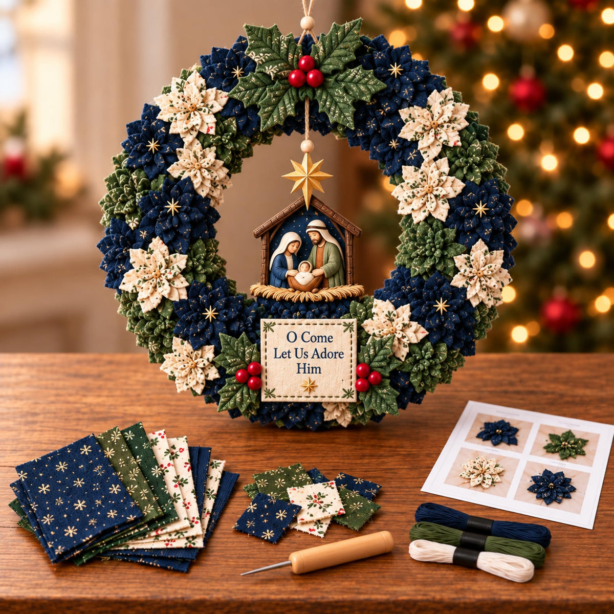 3D Fabric Poke Wreath Kit for Adults, Christmas Door Decor，Set C