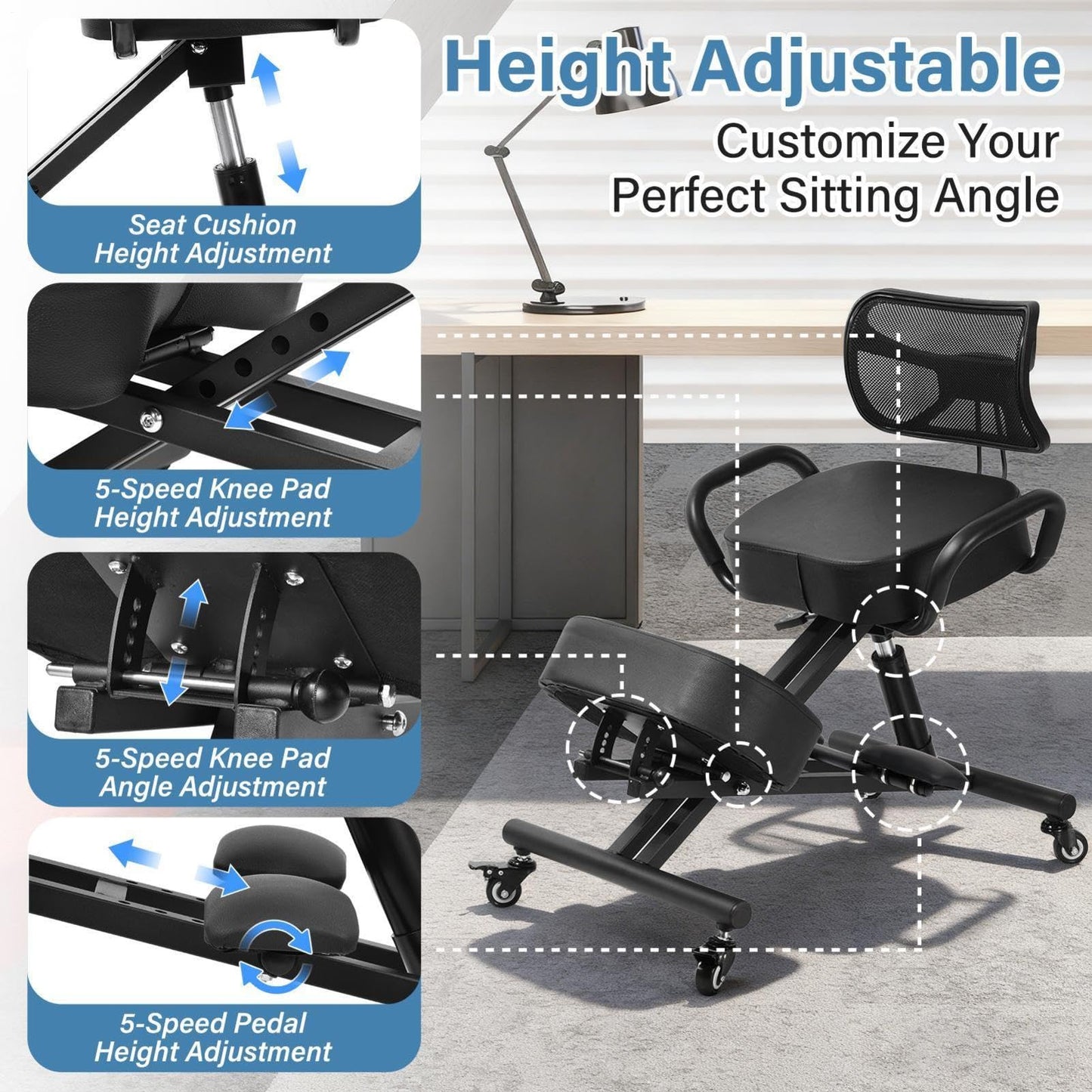 Ergonomic Kneeling Chair Adjustable Backrest Footrest Office Posture Stool