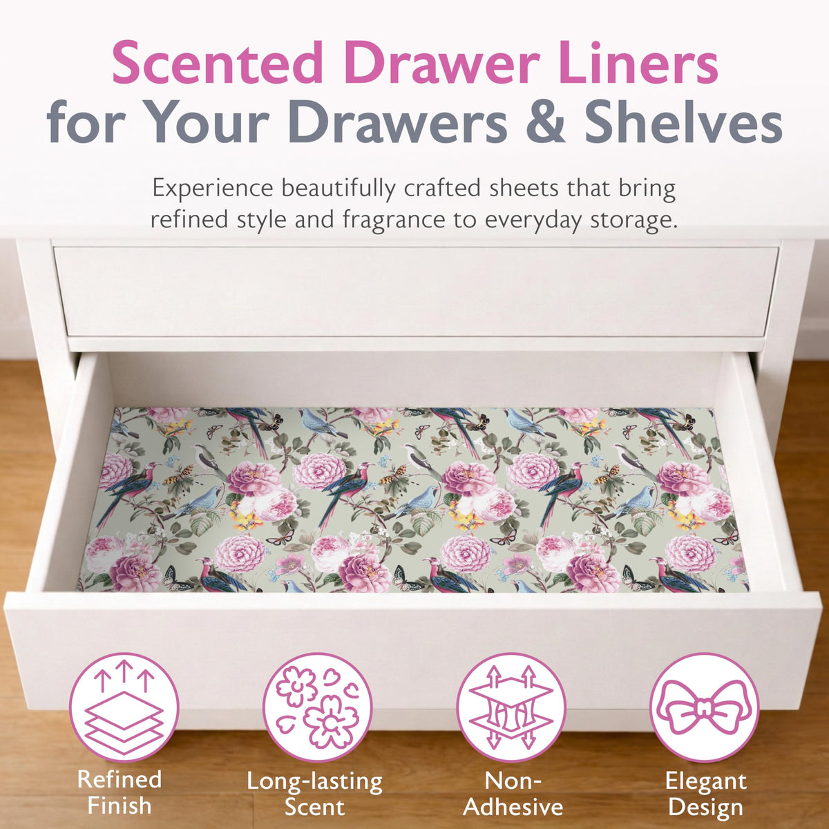 Merriton Scented Drawer Liners for Dresser, 6 Large Sheets 22 x 16 in - Non Adhesive Drawer Paper Liner & Scented Shelf Liner for Bedroom Dresser Drawers, Linen Closet - Gift Box (Royal Bloom)