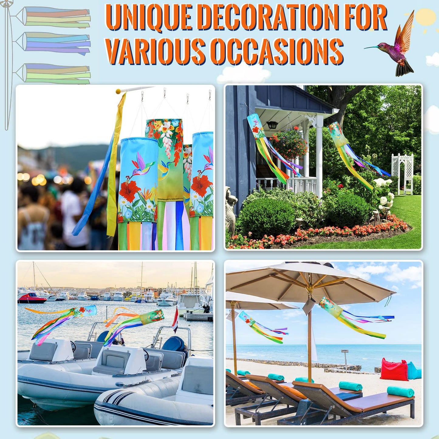Newwiee 4 Pcs Wind Socks for Outside Heavy Duty 40 Inches Rip-Stop Polyester Decorative Spring Summer Hummingbird Windsock with Streamers Hanging Decor for Wall Tree Front Patio Lawn Garden