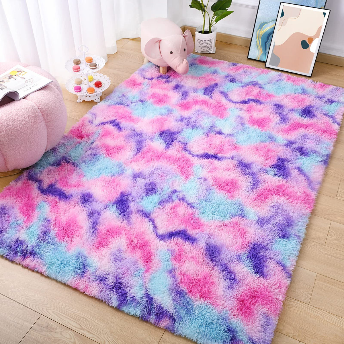 AROGAN Soft Rainbow Area Rug, Fluffy Hot Pink Girls Rug, 3x5 Feet