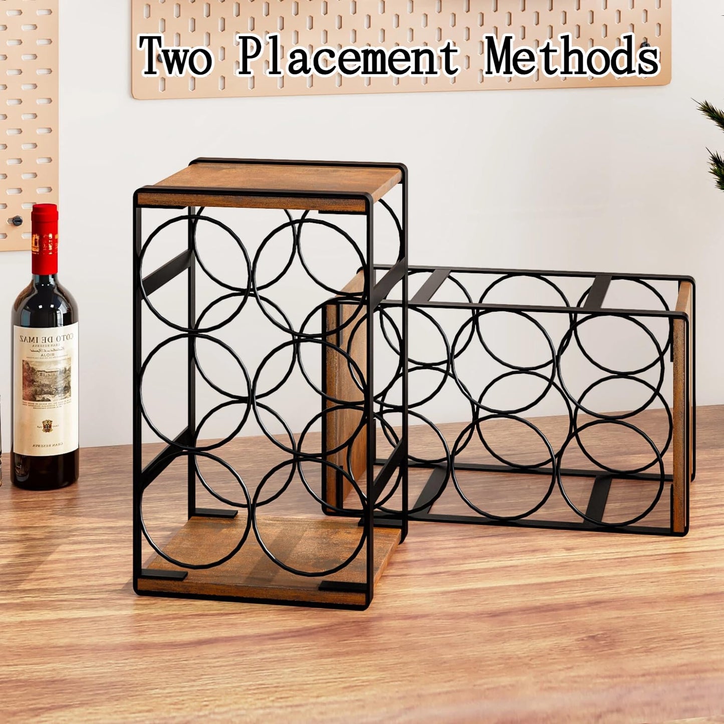 Dazioter Wood Countertop Wine Rack No Need Assembly 6 Bottles Black + Rustic Brown