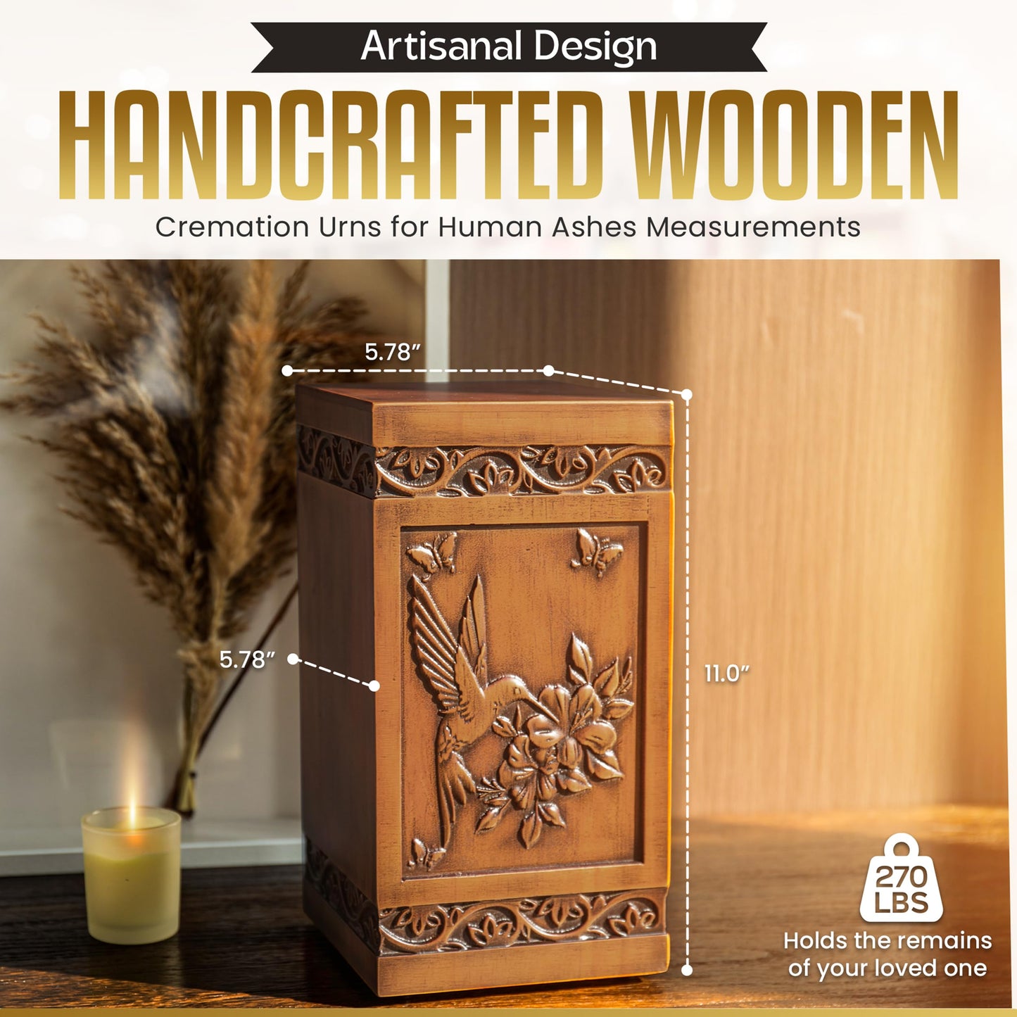 Large Wooden Cremation Urn for Human Ashes Adult – Handcrafted Hummingbird & Floral Engraving – Funeral Urn for Mother, Father, Men & Women – Display at Home or Niche at Columbarium – 270 Cubic Inches