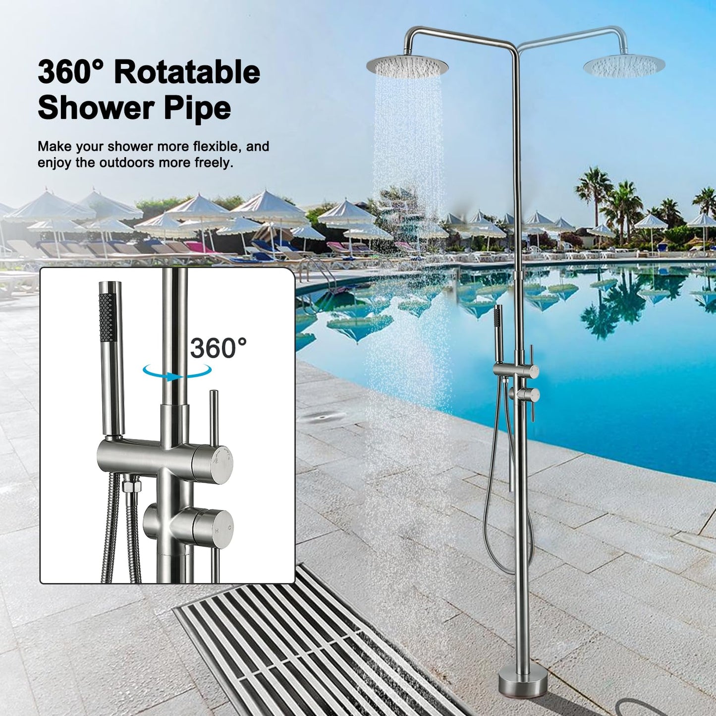 RBROHANT Freestanding Outdoor Shower Nickel, Height Adjustable Outside Showers for Backyard Garden Pool Beach, Outdoor Shower Fixtures with 10” Rain Shower Head and Handheld, Brushed Nickel, JK0317