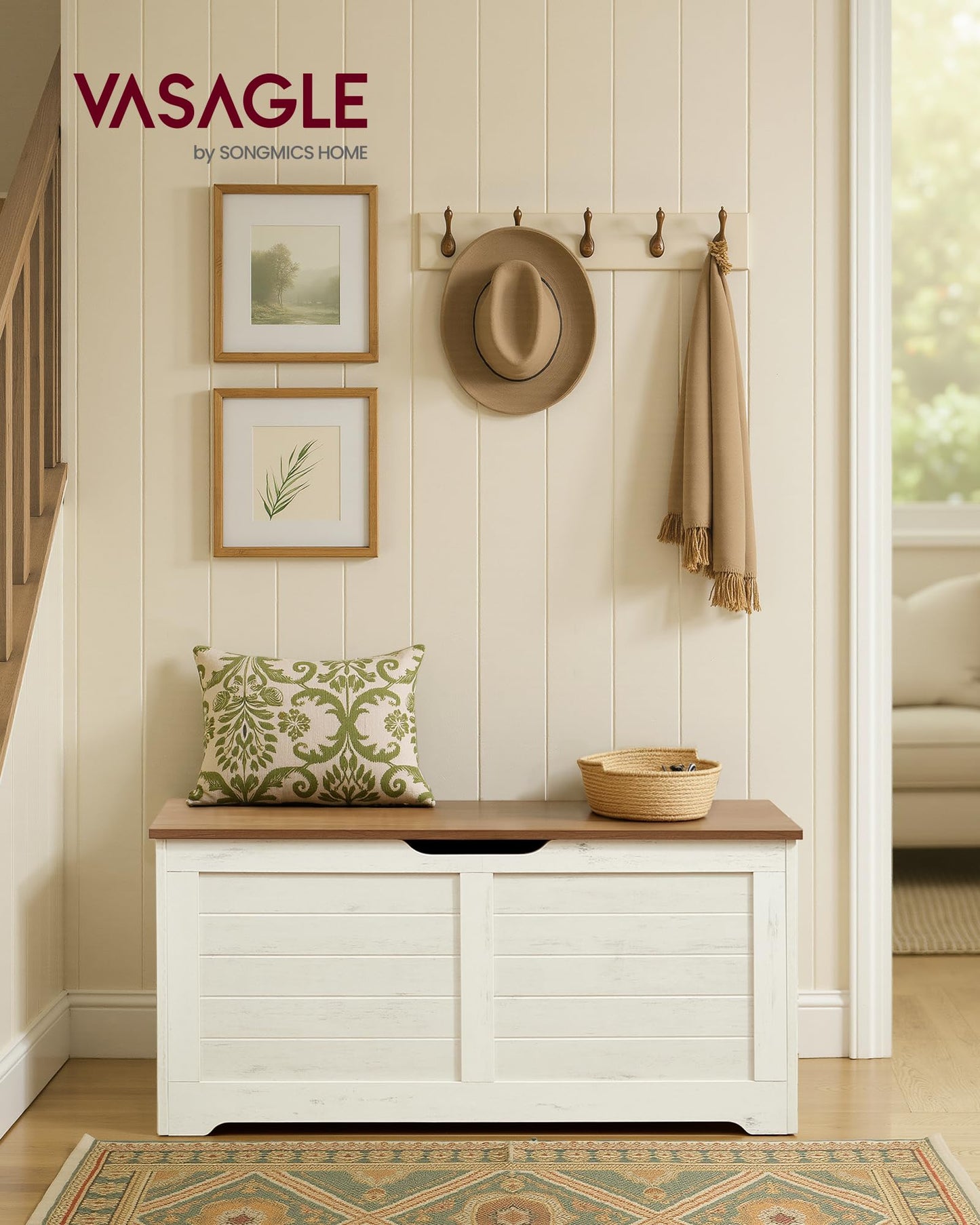 VASAGLE Storage Chest, Storage Bench with 2 Safety Hinges, Farmhouse Style, 15.7 x 39.4 x 18.3 Inches, for Entryway, Bedroom, Living Room, Rustic White and Honey Brown ULSB061WJ02S