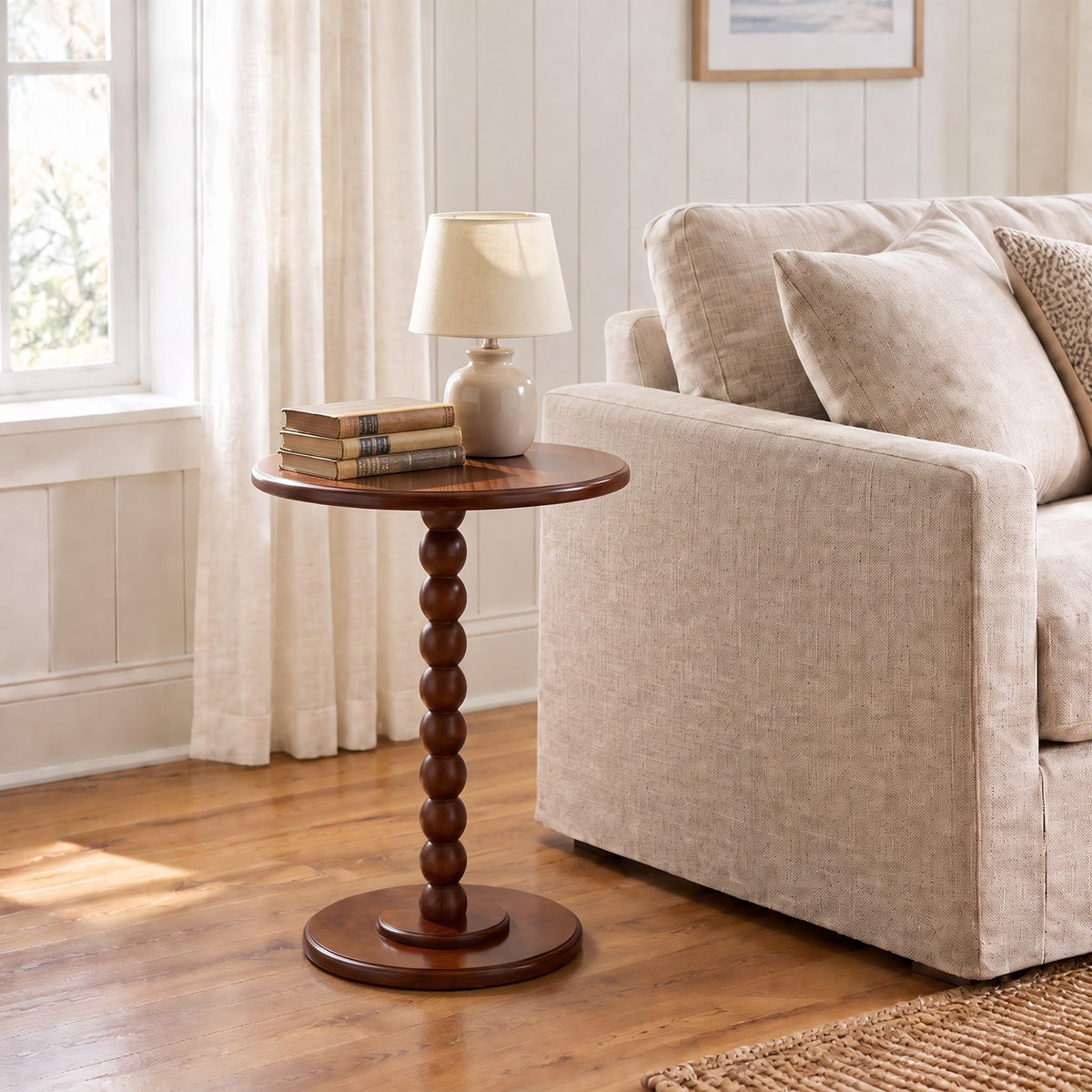 Sonderzone Solid Wood Pedestal Side Table, 16" Round End Table, Walnut