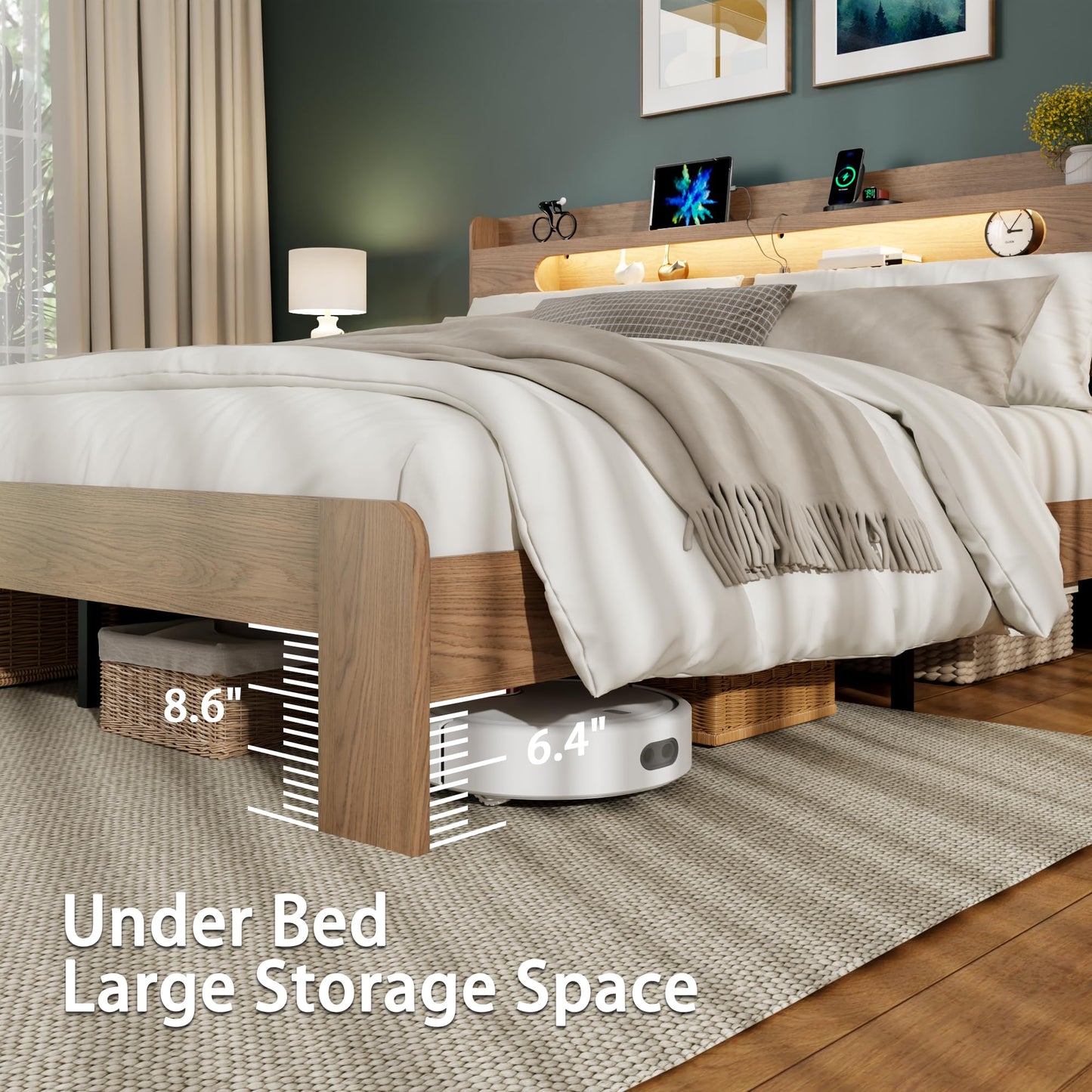 King Size Wood Bed Frame with Storage Headboard, Charging Station & RGB LED Lights, Platform Bed Frame with 2-Tier Shelf, Heavy Duty Wooden Slats Support, No Box Spring Needed, Easy Assembly, Walnut