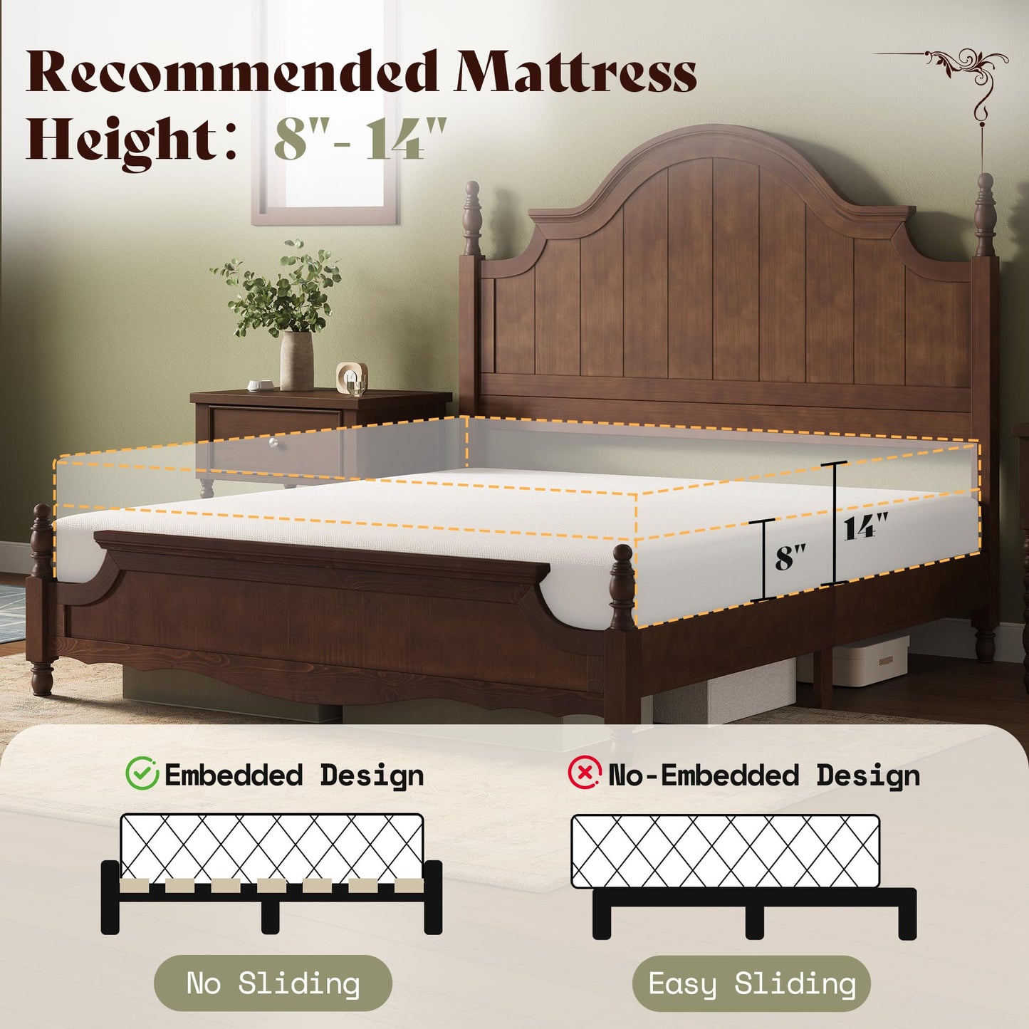 AMERLIFE Solid Wood California King Bed Frame, Traditional Poster Platform Bed with 55" Tall Arched Headboard, Wood Slat Support, No Box Spring Required, Dark Walnut