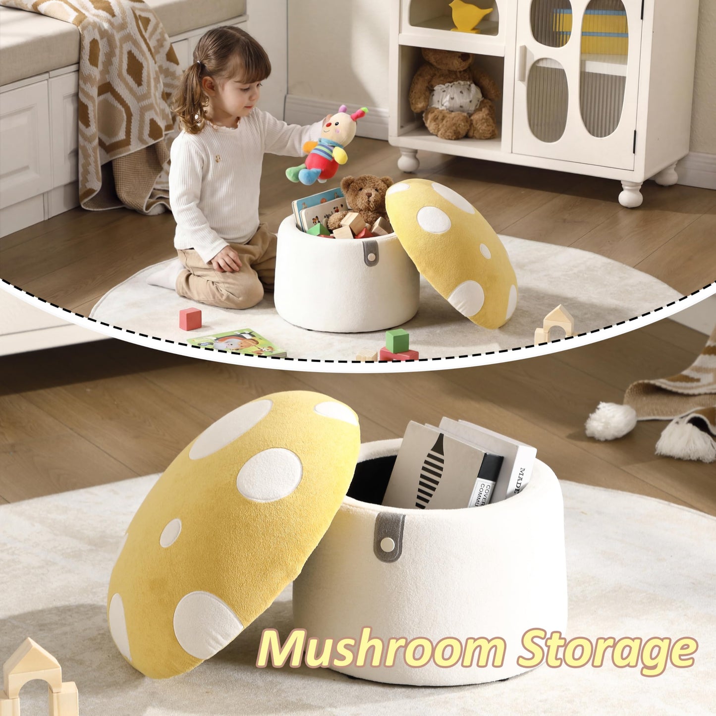 DAYAOUTDOOR Kids Mushroom Storage Ottoman, Cute Kids Desk Chairs, Mushroom Armchair, Children Round Storage Ottomans, Small Multi-Purpose Footstool for Playroom & Bedroom, Yellow Mushroom