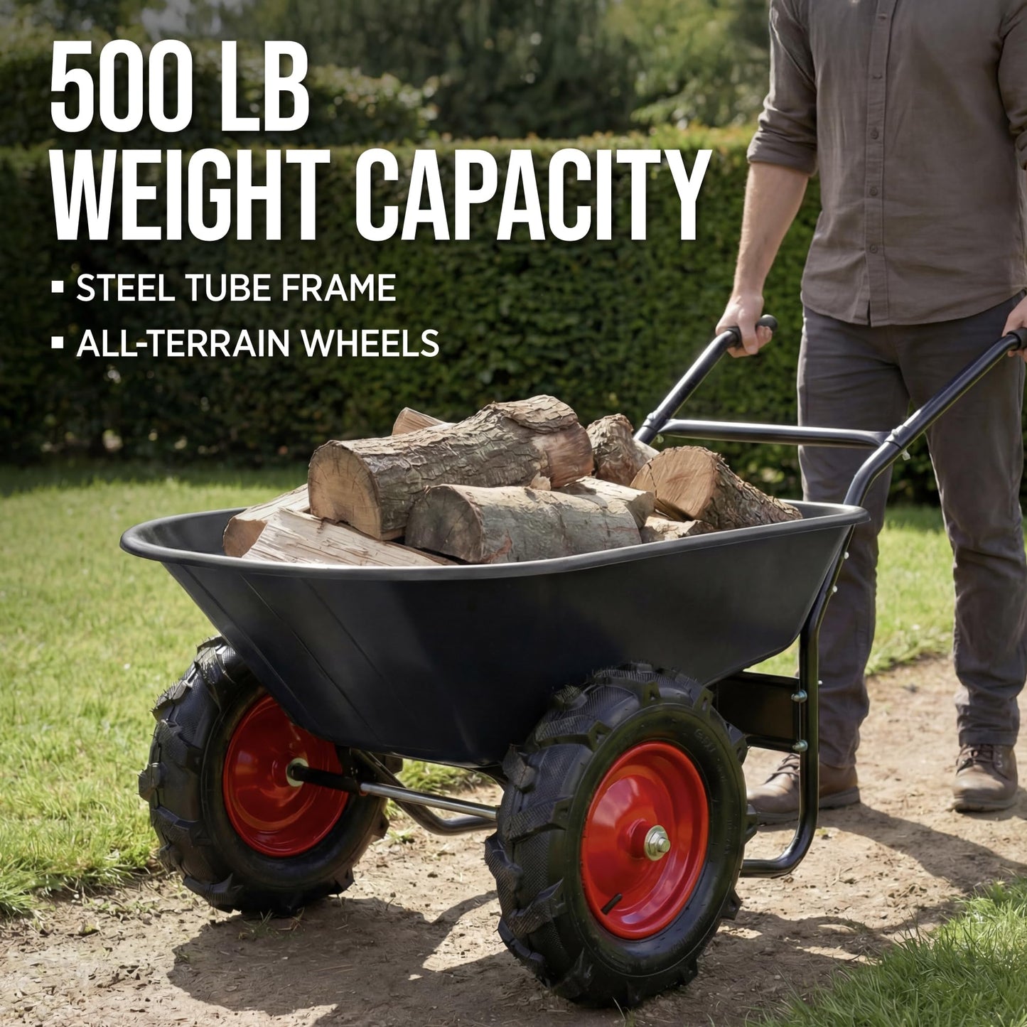 Best Choice Products Dual-Wheel Wheelbarrow Garden Cart - 500 lb Capacity, Extra-Large Wheels, Built-in Stand, for Yard, Garden & Landscaping - Black