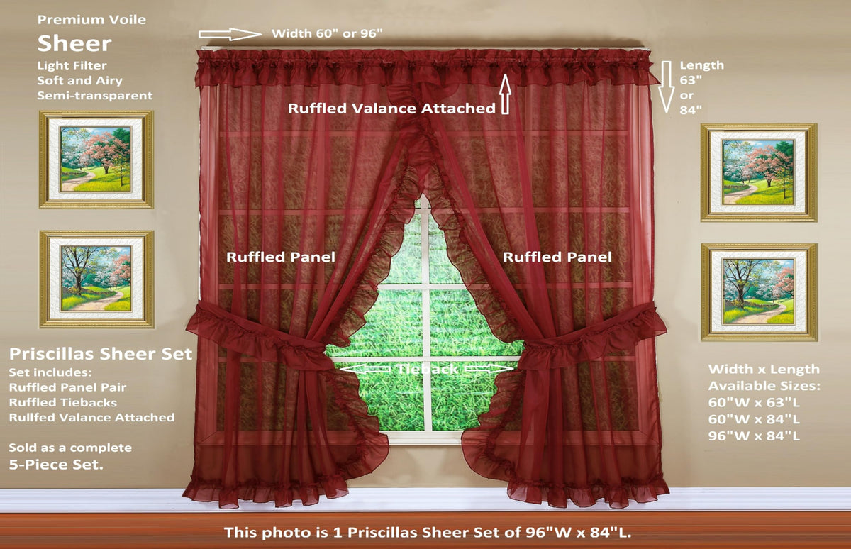 Today's Curtain, Emelia Priscilla Sheer Pair 60" W x 63" L, Burgundy, 5-Piece-Set