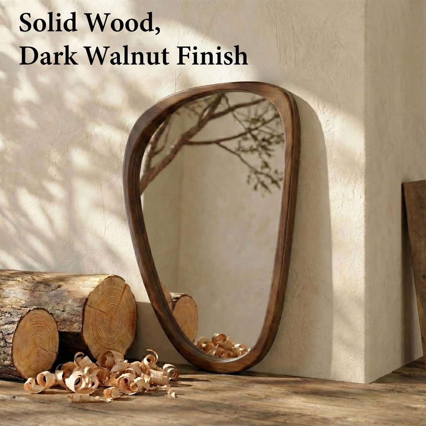 Pocetry Solid Wood 30"x20" Irregular Asymmetrical Wall Mirror, Japandi Boho Mid-Century Modern Decorative Accent Mirror, Small Organic Shaped Wooden Wall-Mounted Mirror, Dark Walnut