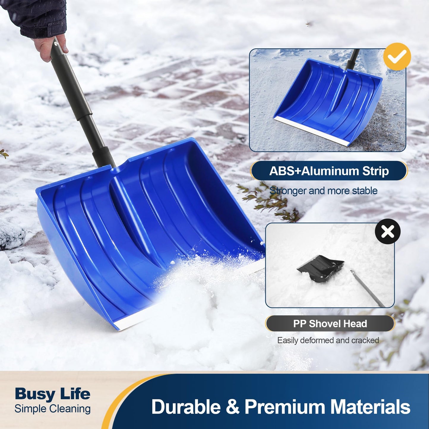 Yocada Snow Shovel for Driveway Home Garage Snow Removal 55 inch Long with D-Grip Handle Aluminum Strip Large Capacity Shovel for Garden Car Camping Outdoor